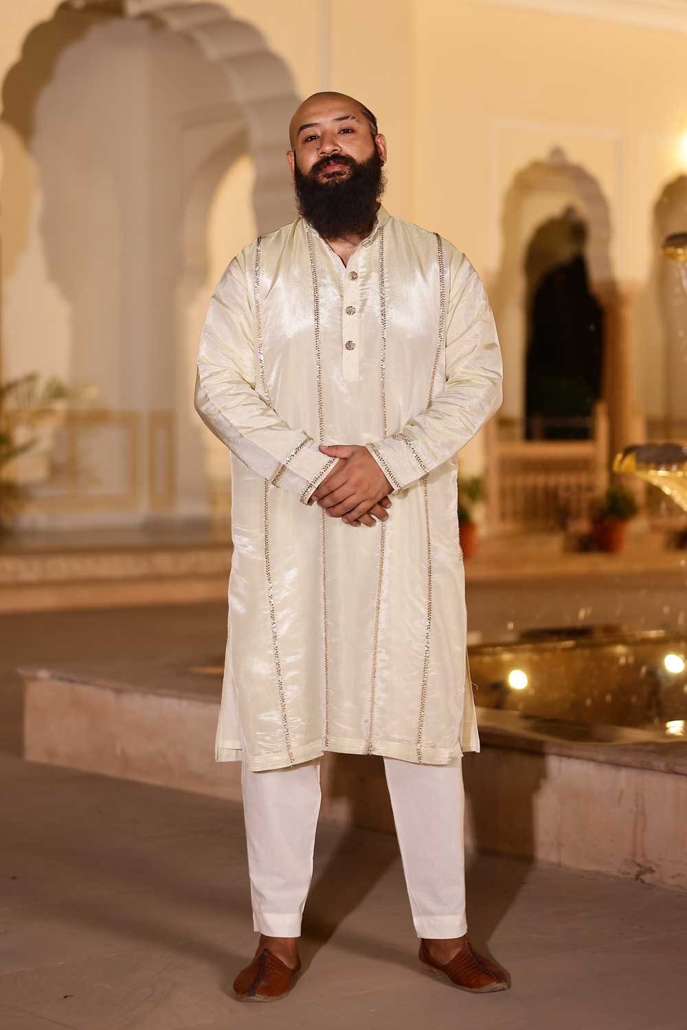 MANMOHANA - OFF-WHITE & GOLD CUTDANA EMBROIDERED PURE TISSUE SILK KURTA