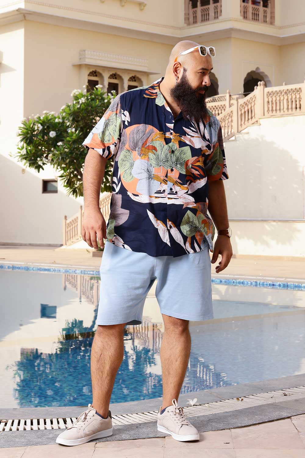 Tropical Blue - Navy Blue Tropical printed Cuban collar shirt