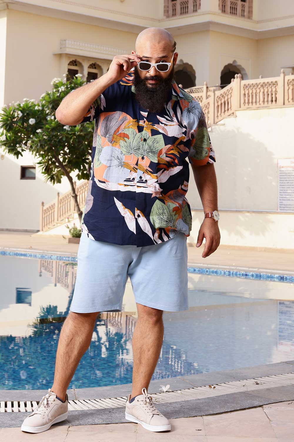 Tropical Blue - Navy Blue Tropical printed Cuban collar shirt