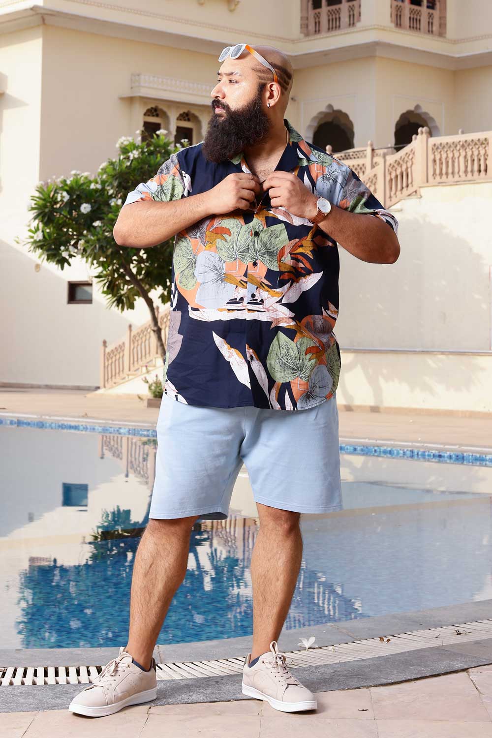 Tropical Blue - Navy Blue Tropical printed Cuban collar shirt