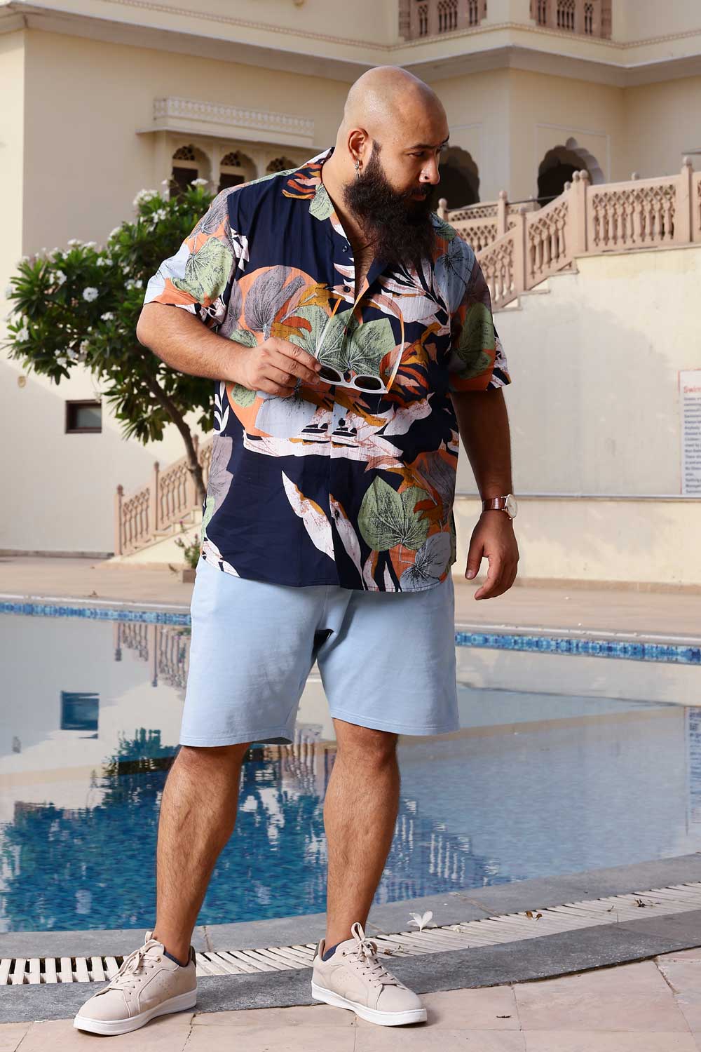 Tropical Blue - Navy Blue Tropical printed Cuban collar shirt