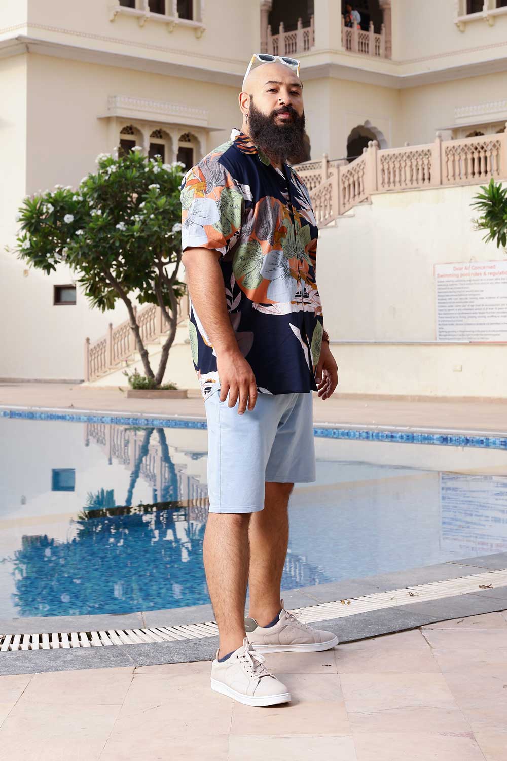 Tropical Blue - Navy Blue Tropical printed Cuban collar shirt
