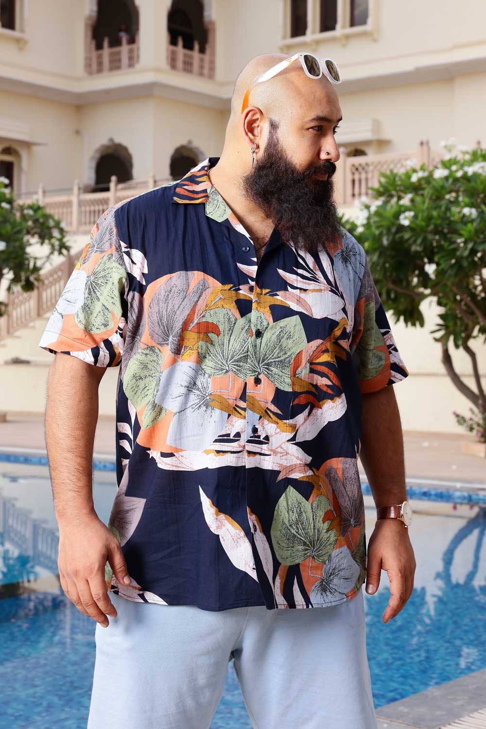 Tropical Blue - Navy Blue Tropical printed Cuban collar shirt