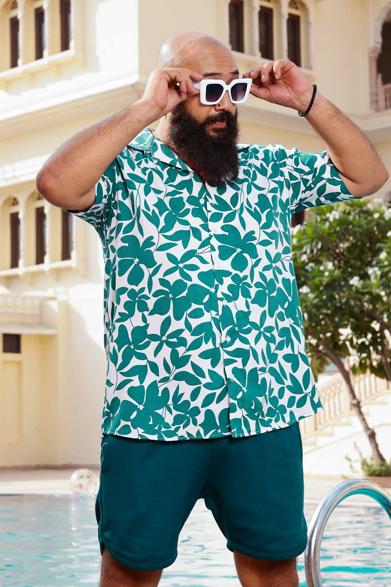 Verdant Vibes - Moss Green and white Tropical Printed Cuban Collar Shirt