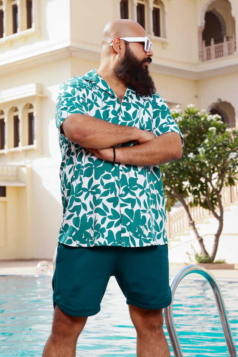 Verdant Vibes - Moss Green and white Tropical Printed Cuban Collar Shirt