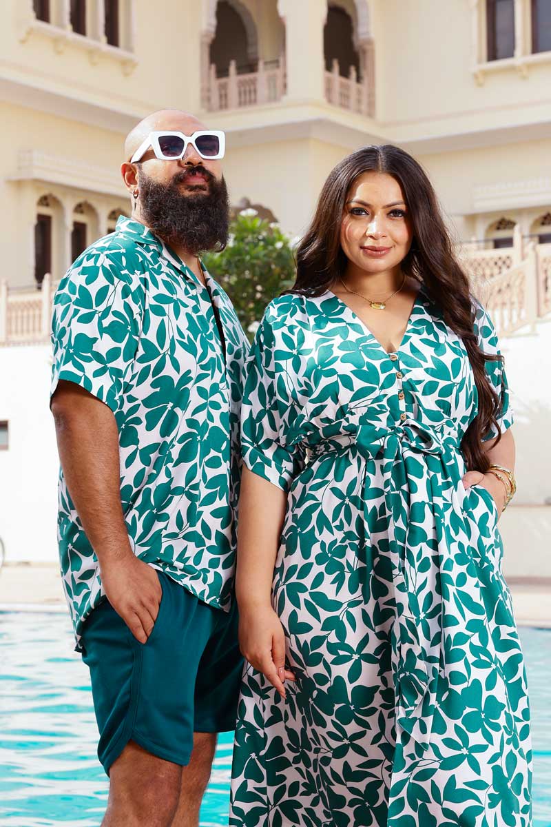 Verdant Vibes - Moss Green and white Tropical Printed Cuban Collar Shirt
