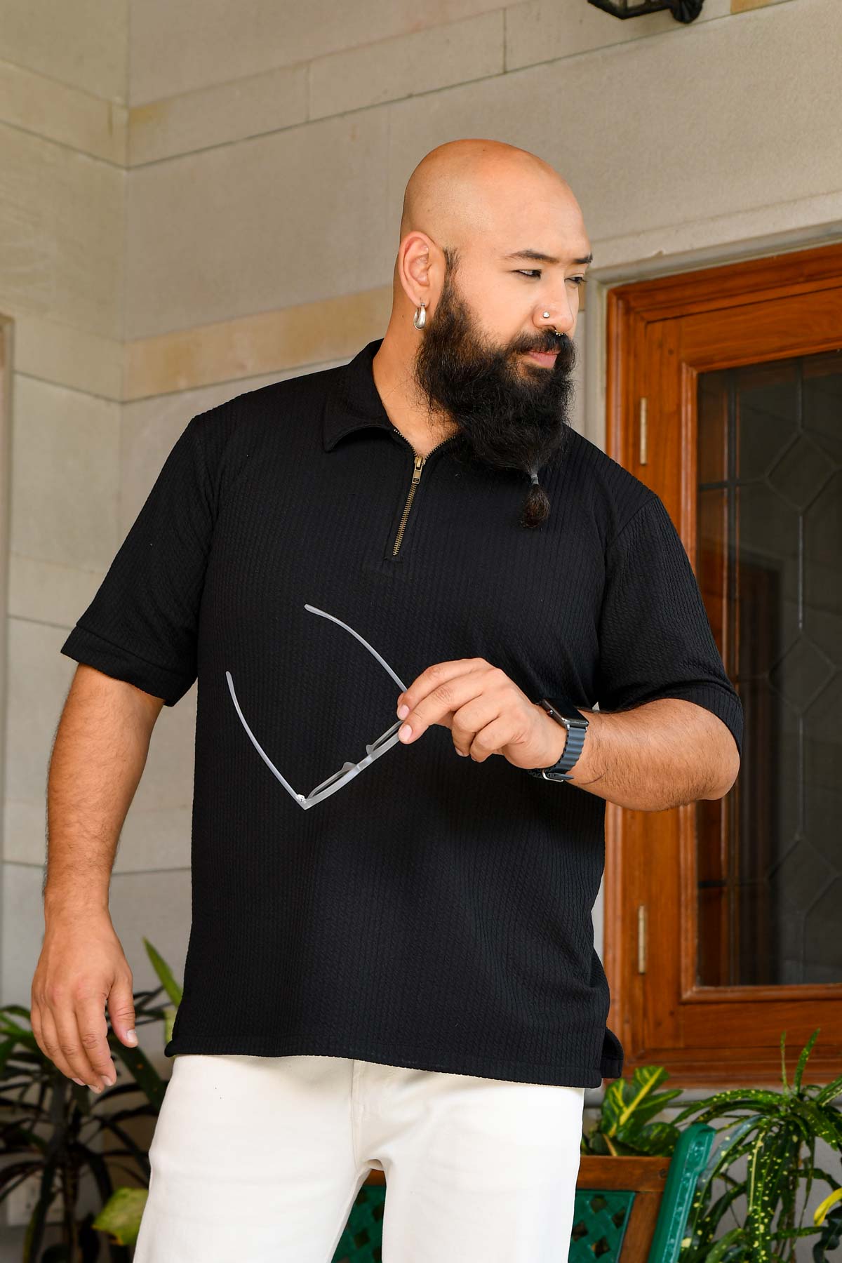 Mirage Black - Black 4 way Stretch Crinkle Texture Zipper Polo T-Shirt (Ships From 08 April 2025)