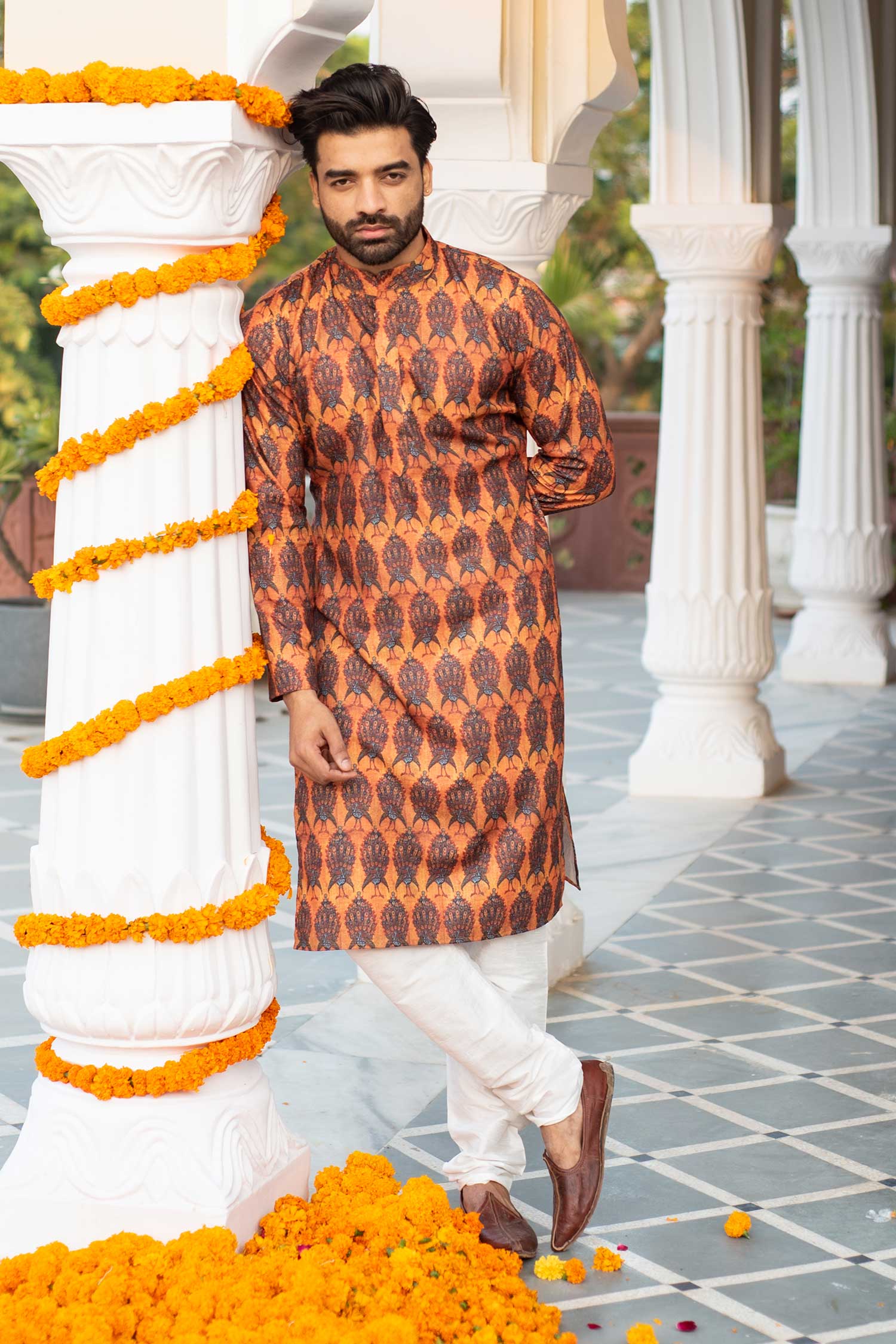 Mor - Mustard Peacock Printed Silk Blend Kurta