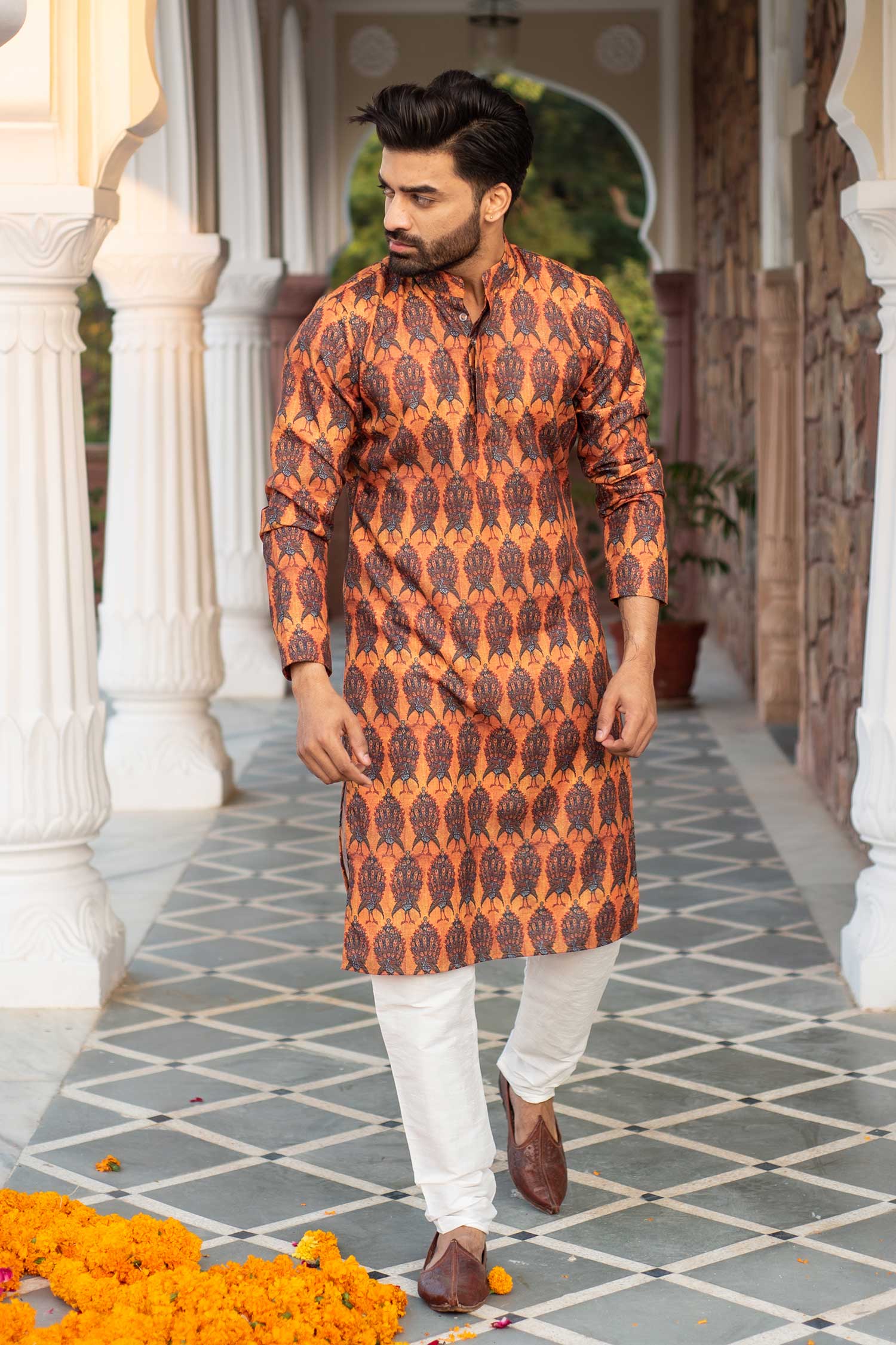 Mor - Mustard Peacock Printed Silk Blend Kurta
