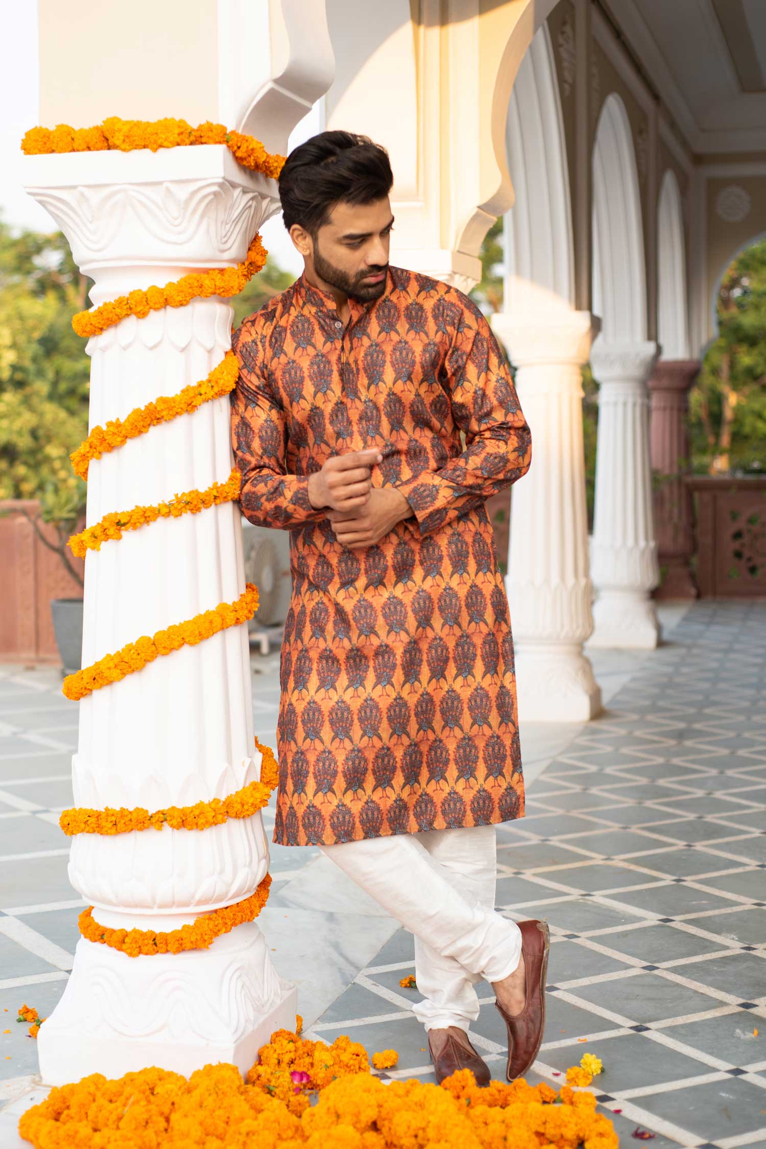 Mor - Mustard Peacock Printed Silk Blend Kurta