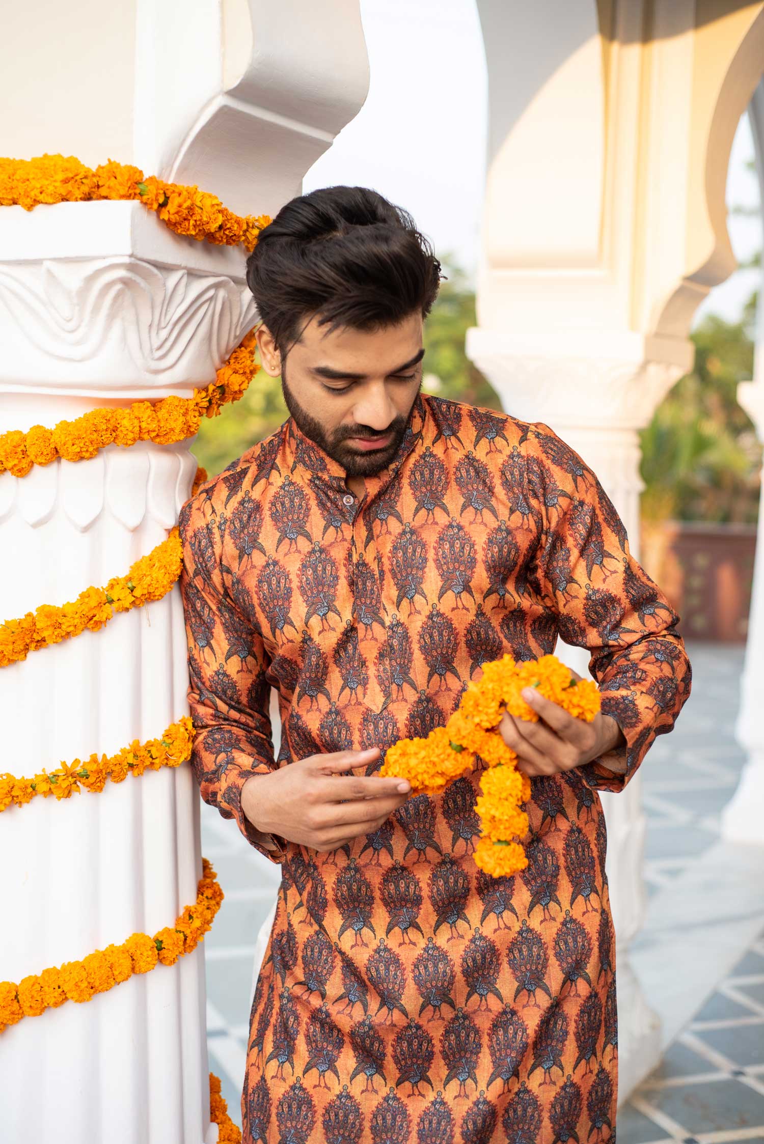 Mor - Mustard Peacock Printed Silk Blend Kurta