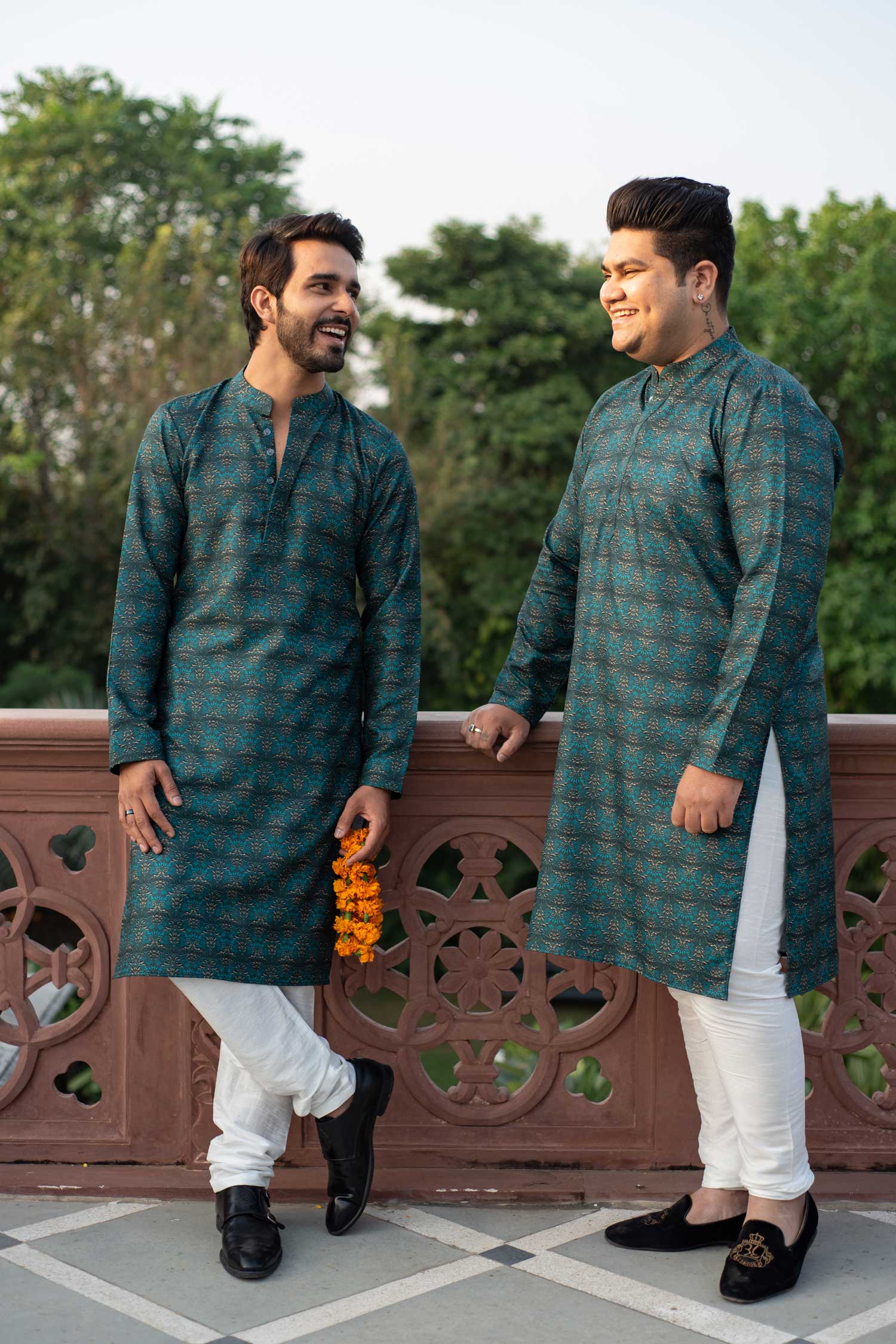 Sunhera Bageecha- Green and Gold Printed Silk Blend Kurta