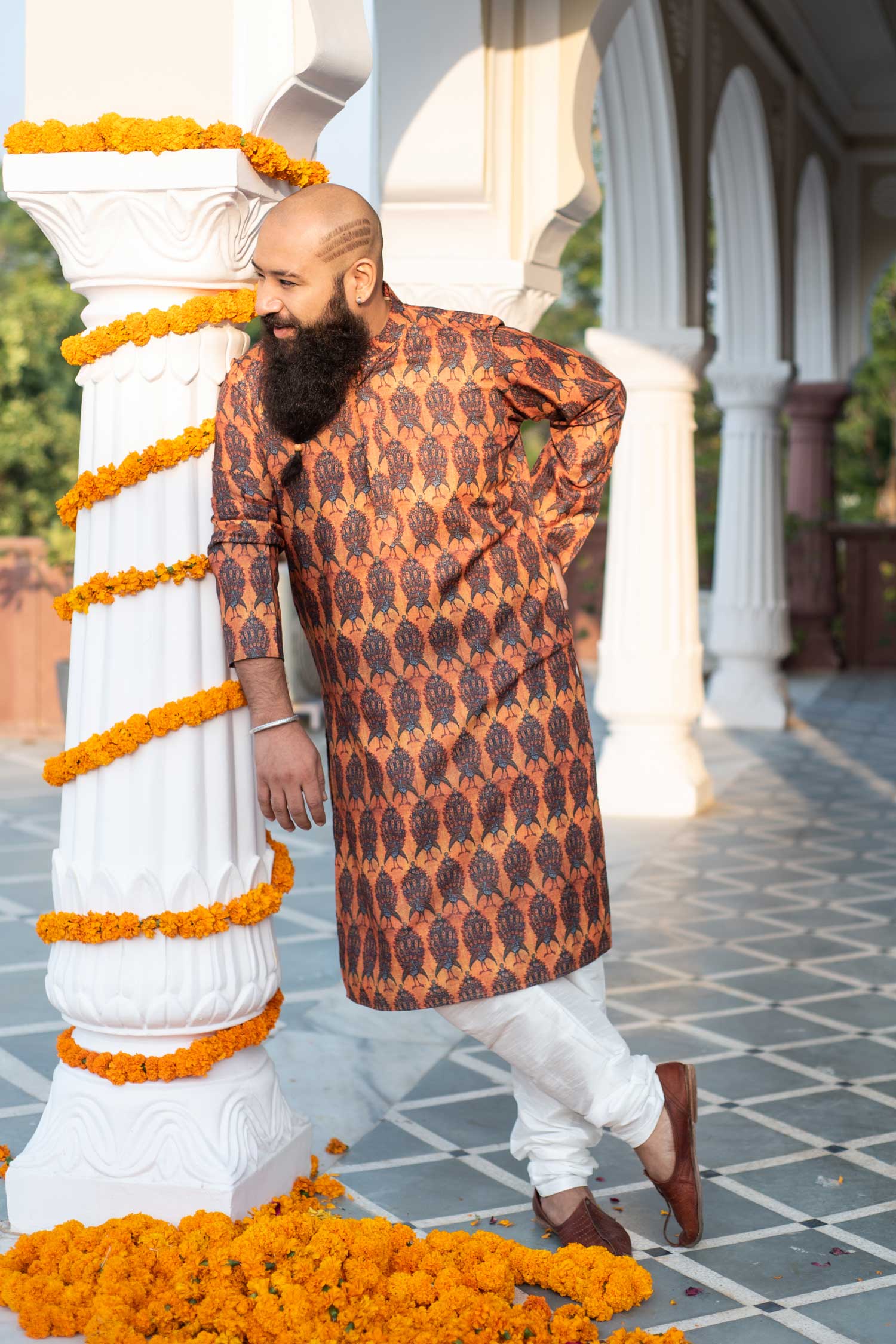 Mor - Mustard Peacock Printed Silk Blend Kurta