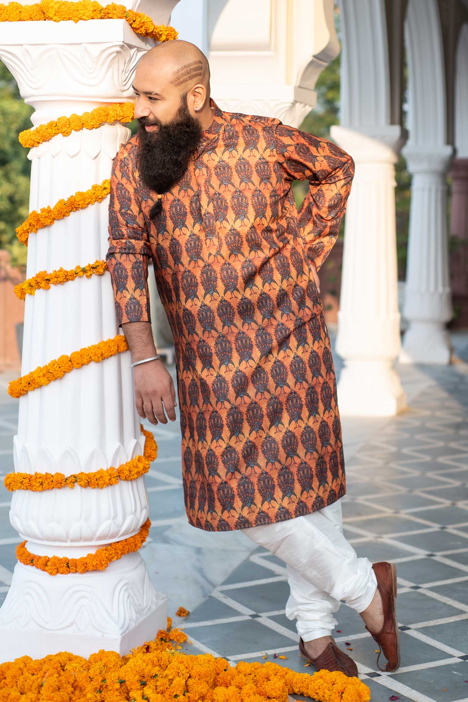 Mor - Mustard Peacock Printed Silk Blend Kurta