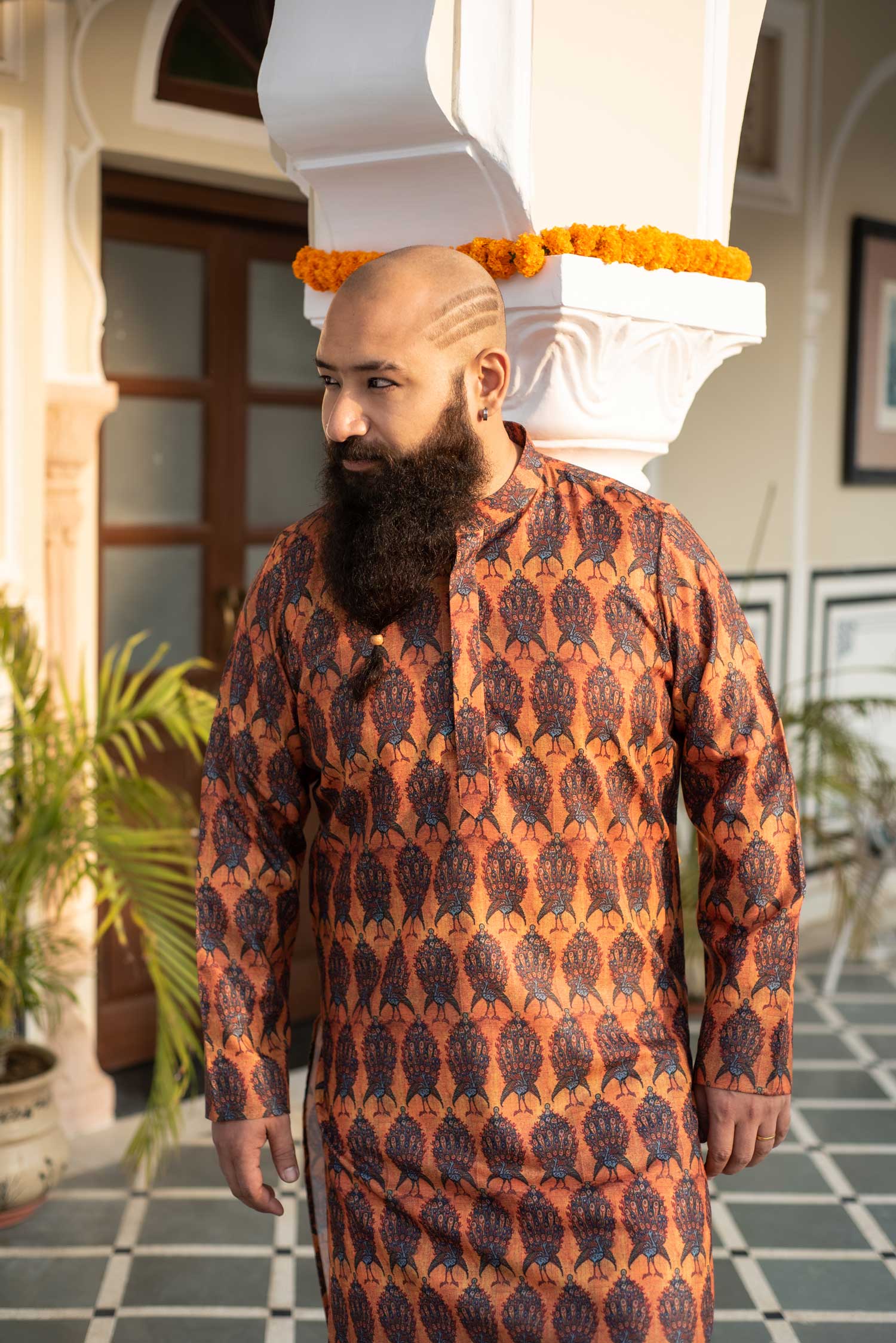 Mor - Mustard Peacock Printed Silk Blend Kurta