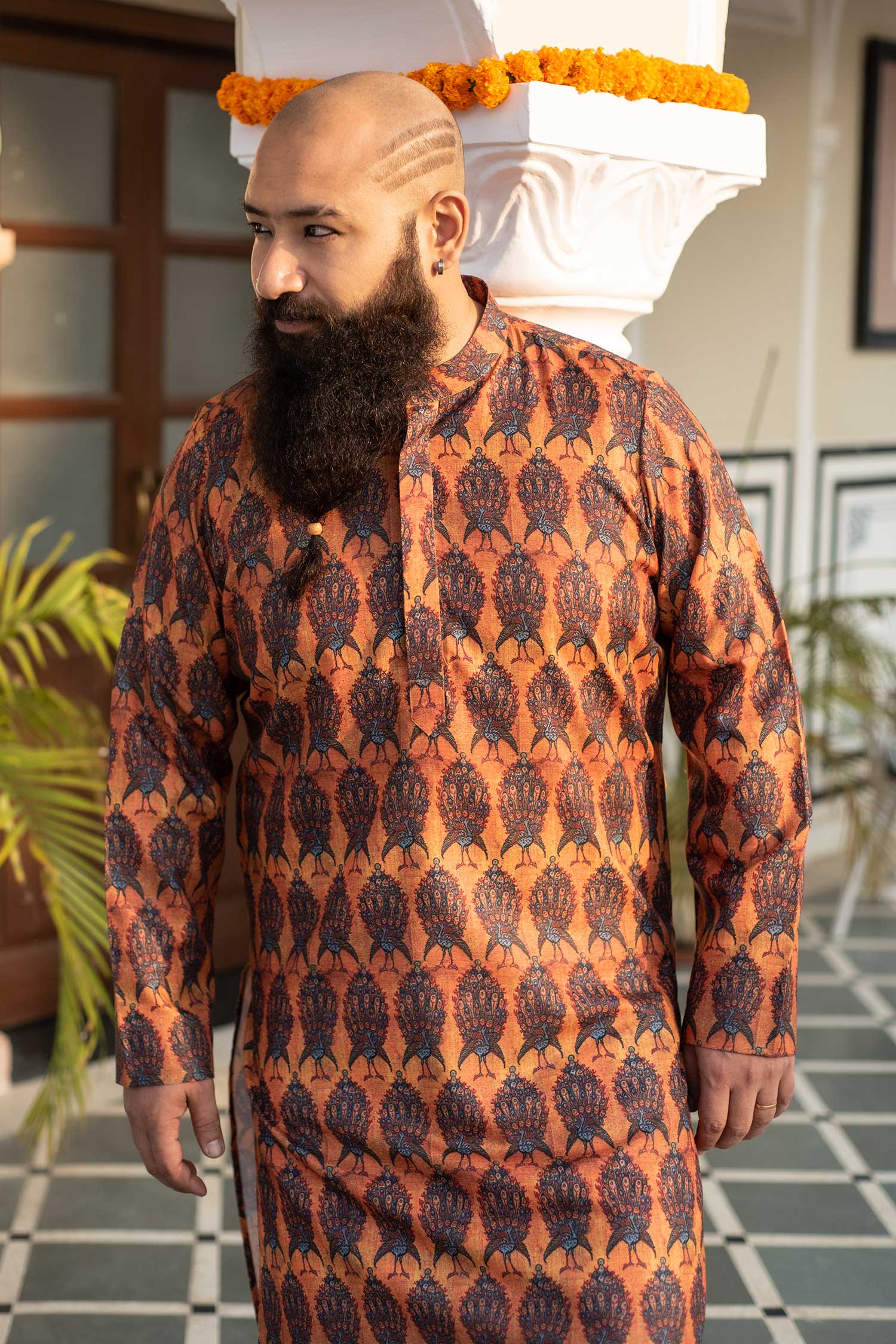 Mor - Mustard Peacock Printed Silk Blend Kurta