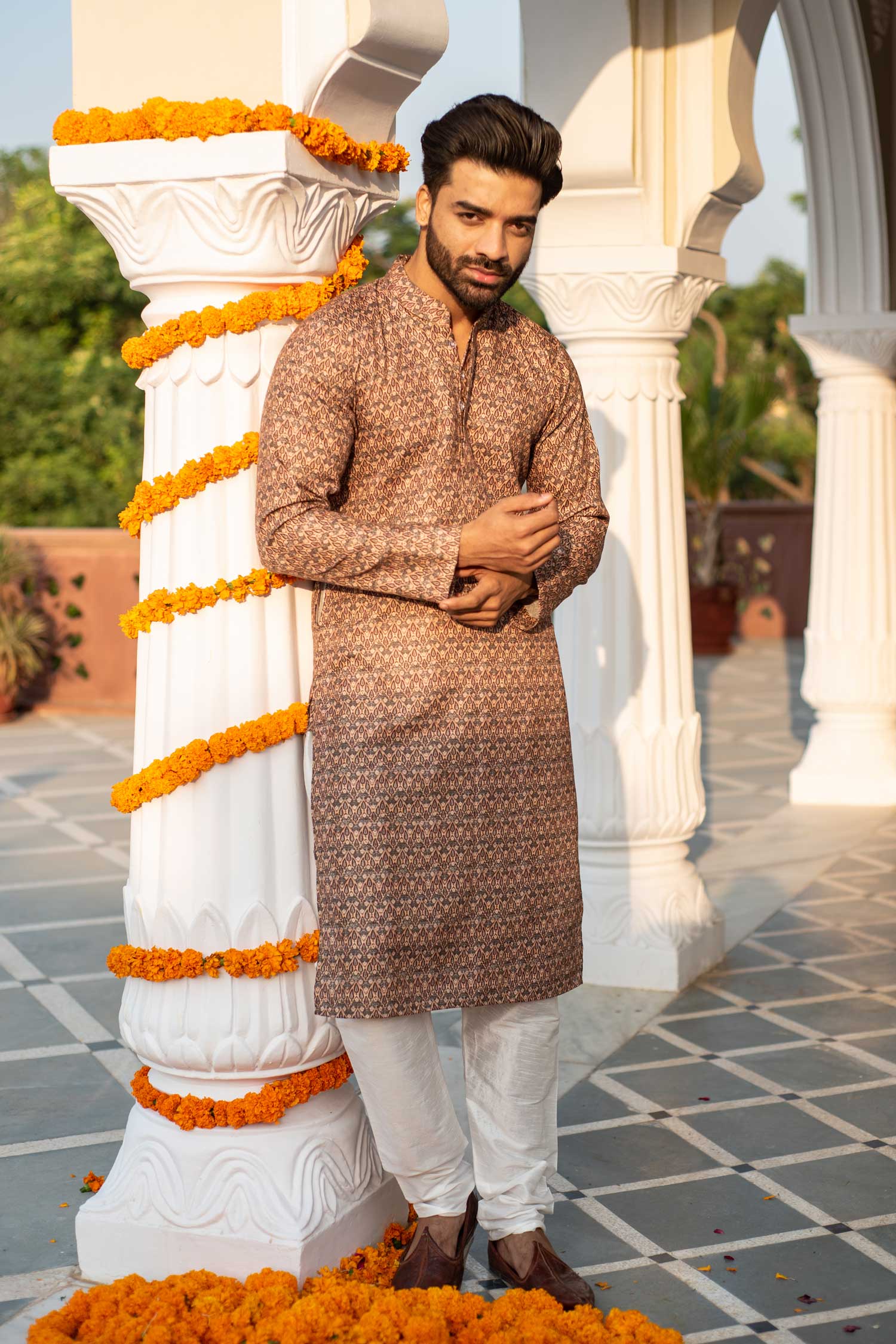 Nag - Pine and florals printed Silk Blend kurta