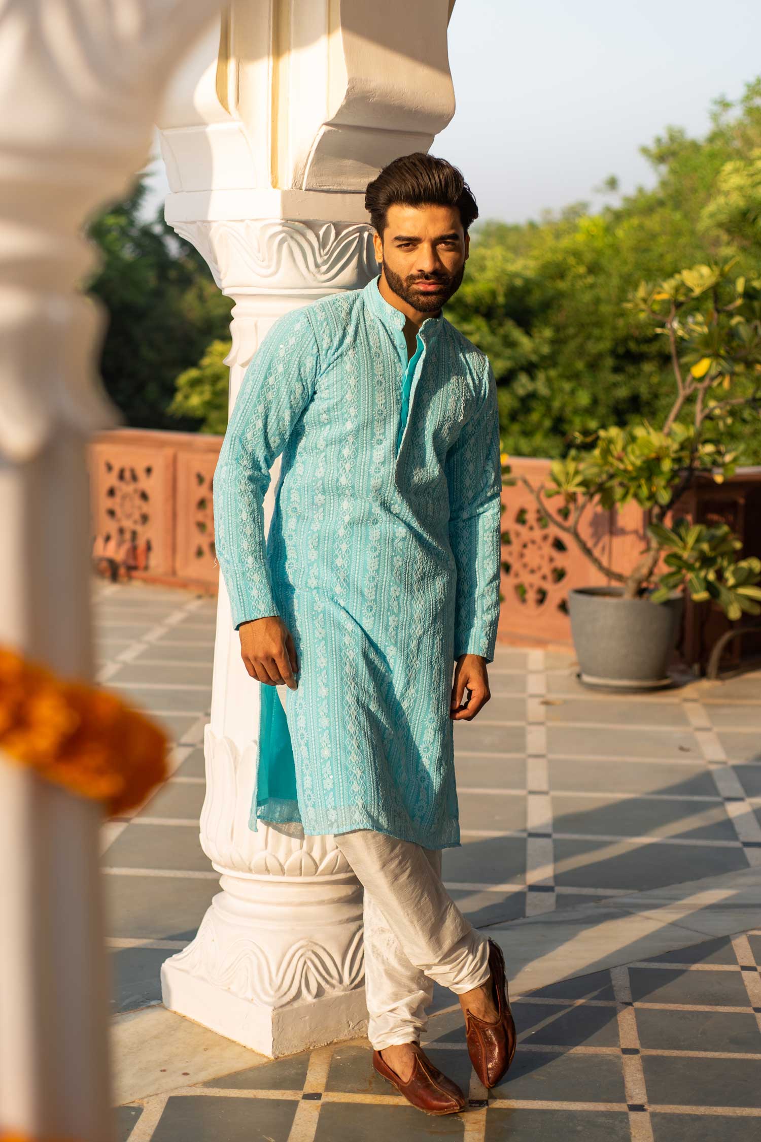 Day Sky-Chikankaari Georgette Mens Kurta