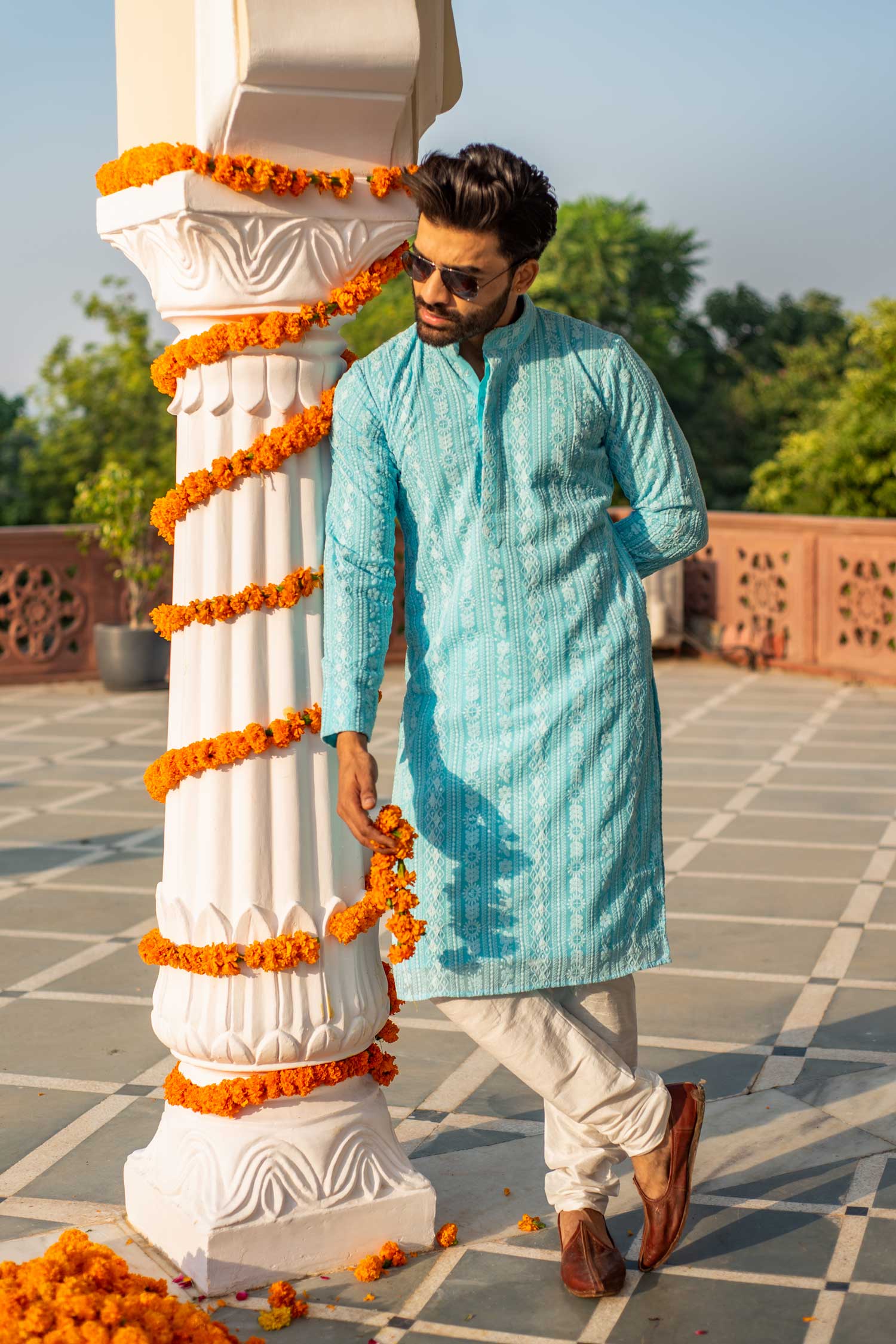 Day Sky-Chikankaari Georgette Mens Kurta
