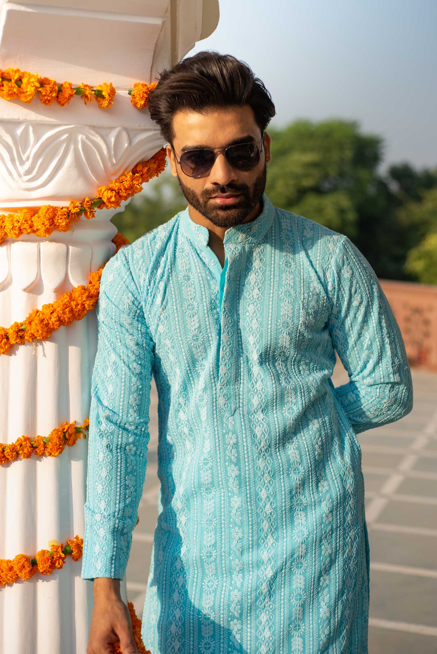 Day Sky-Chikankaari Georgette Mens Kurta