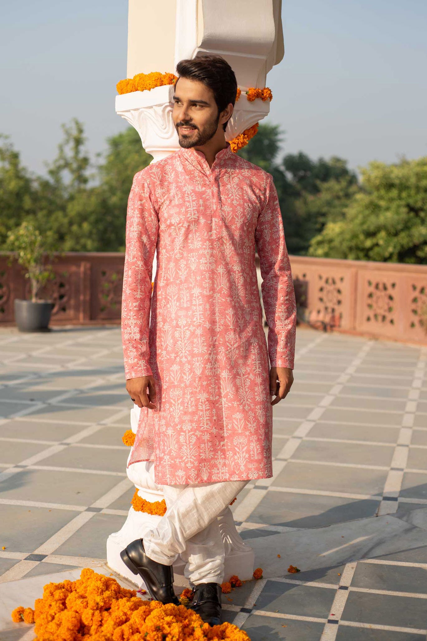 Carnation - Pink Floral Schiffli embroidered kurta