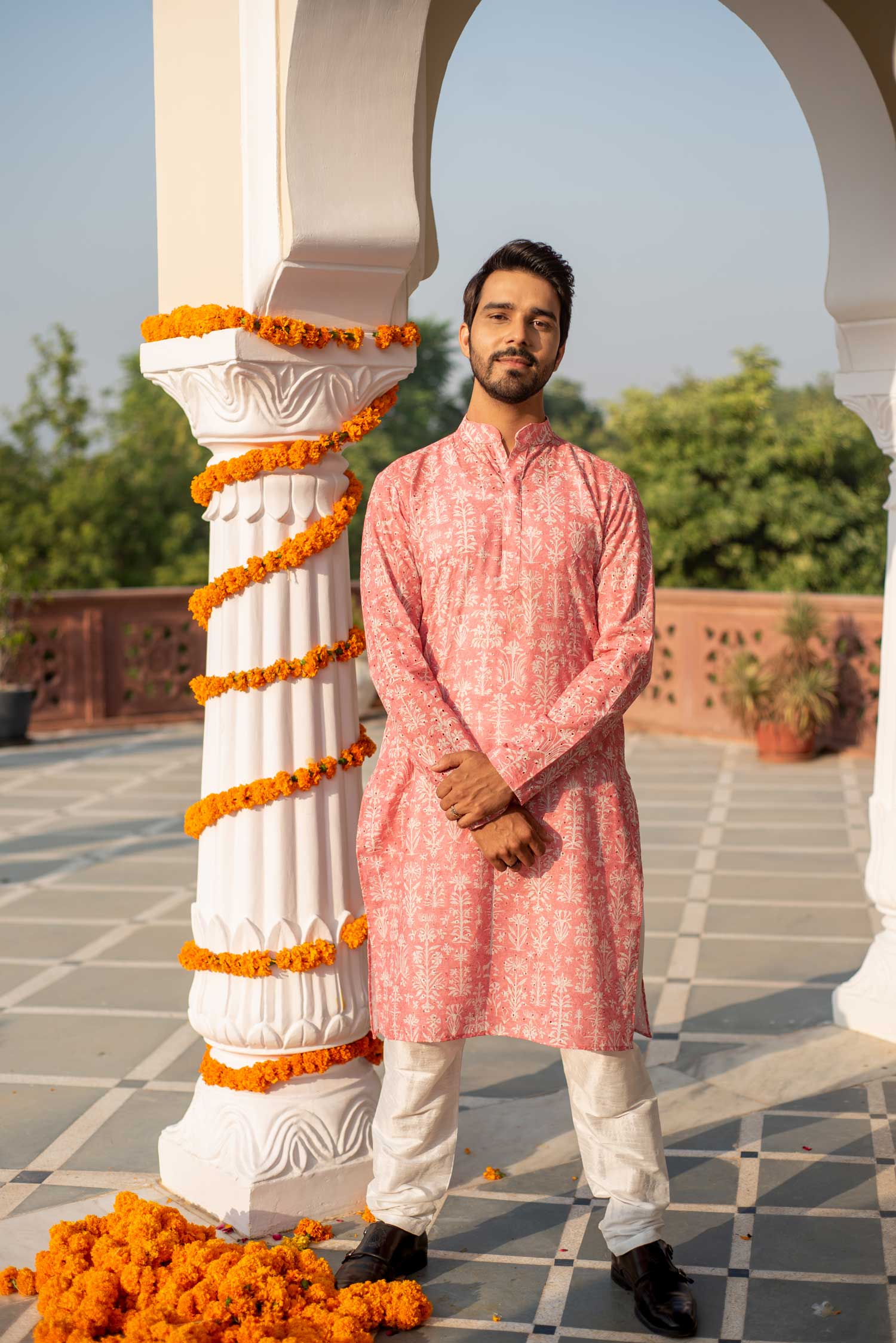 Carnation - Pink Floral Schiffli embroidered kurta