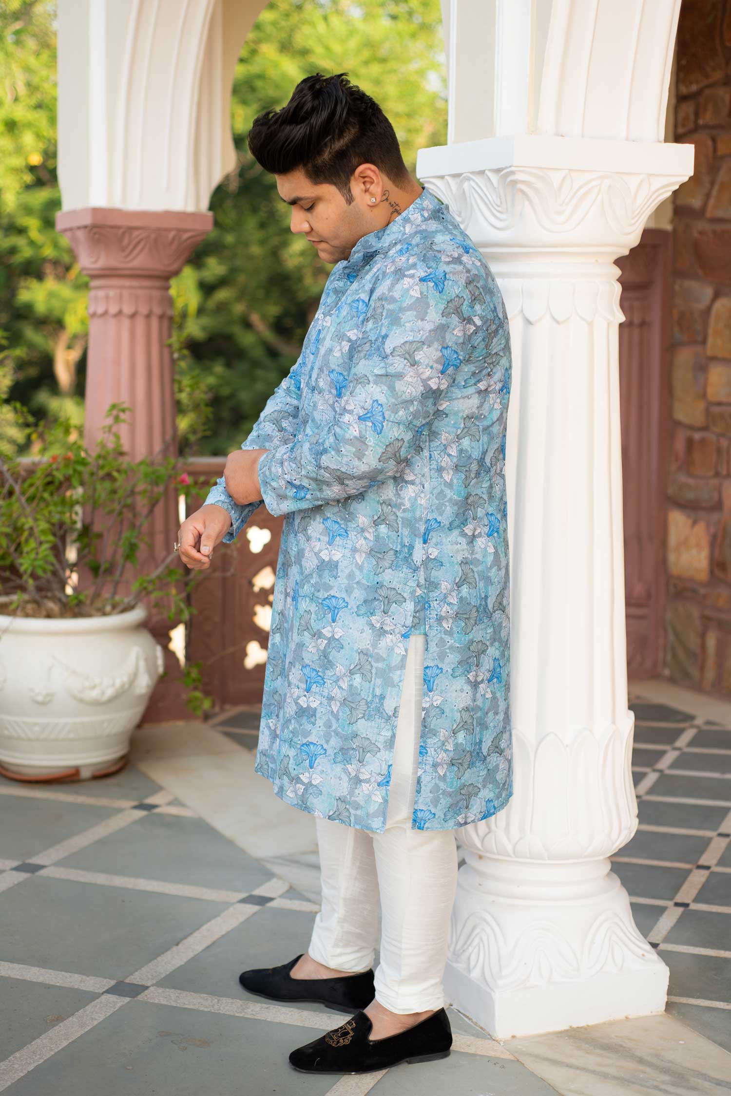 Hibiscus- Blue Floral Schiffli embroidered chikankaari kurta