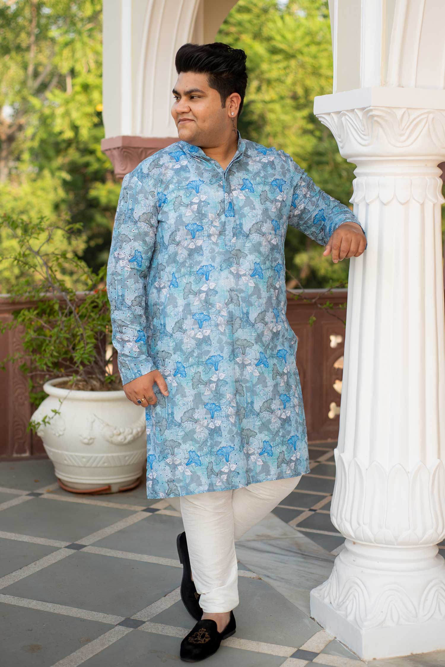 Hibiscus- Blue Floral Schiffli embroidered chikankaari kurta