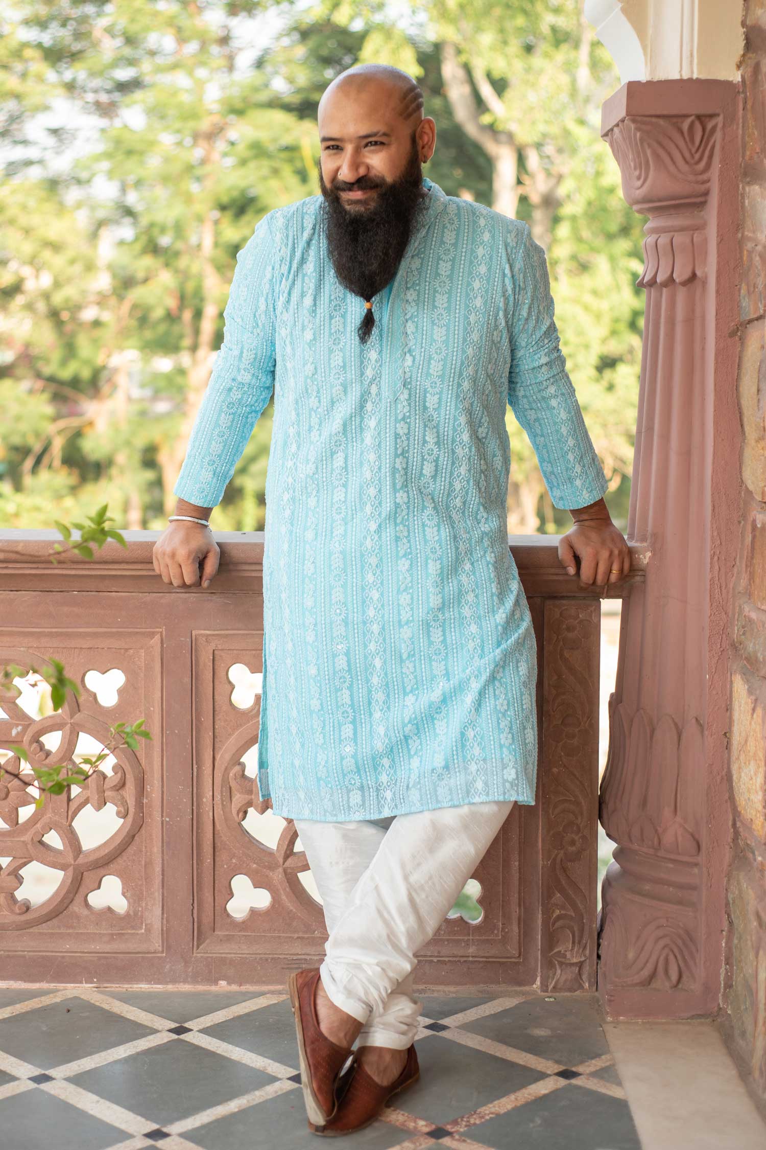 Day Sky-Chikankaari Georgette Mens Kurta