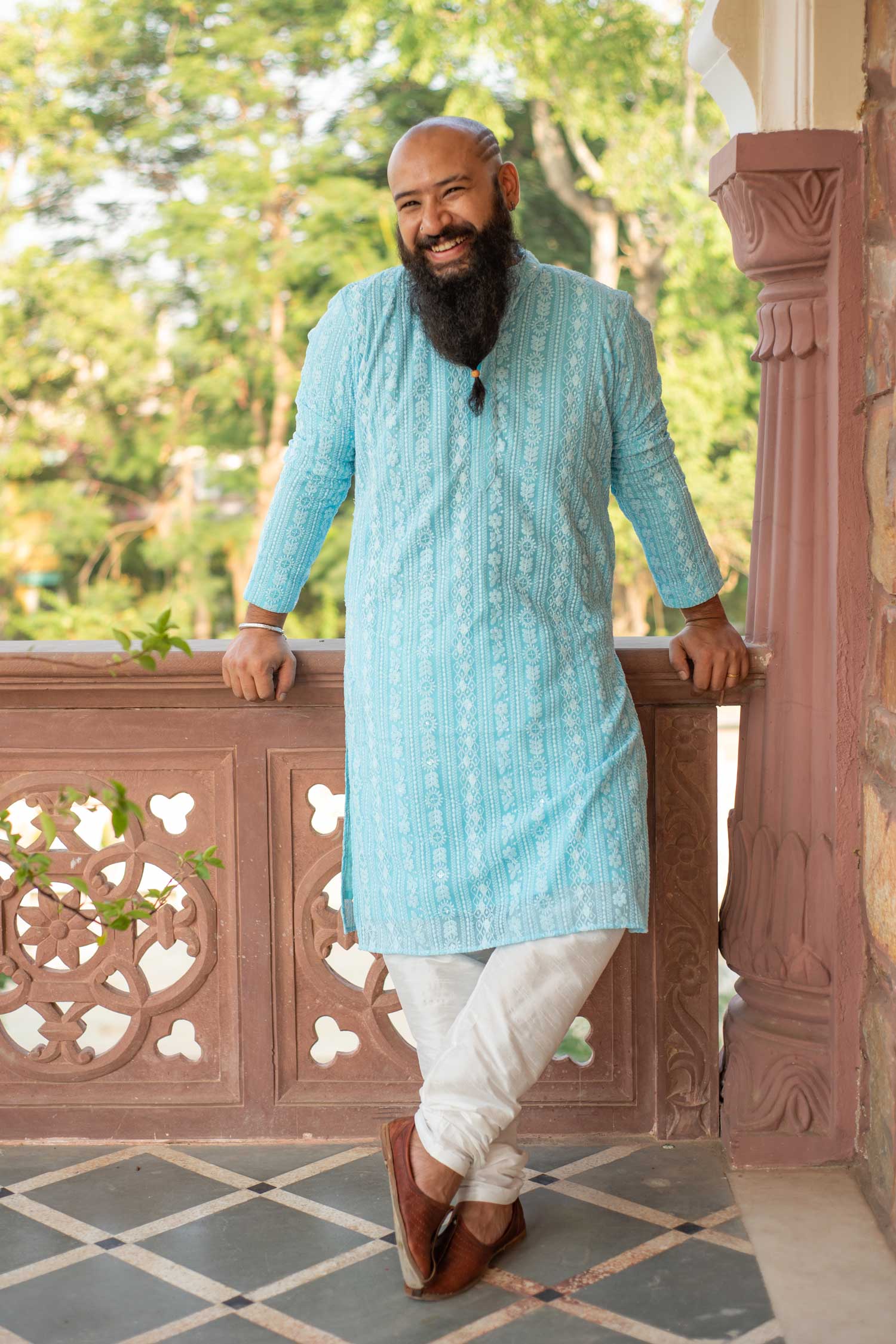 Day Sky-Chikankaari Georgette Mens Kurta