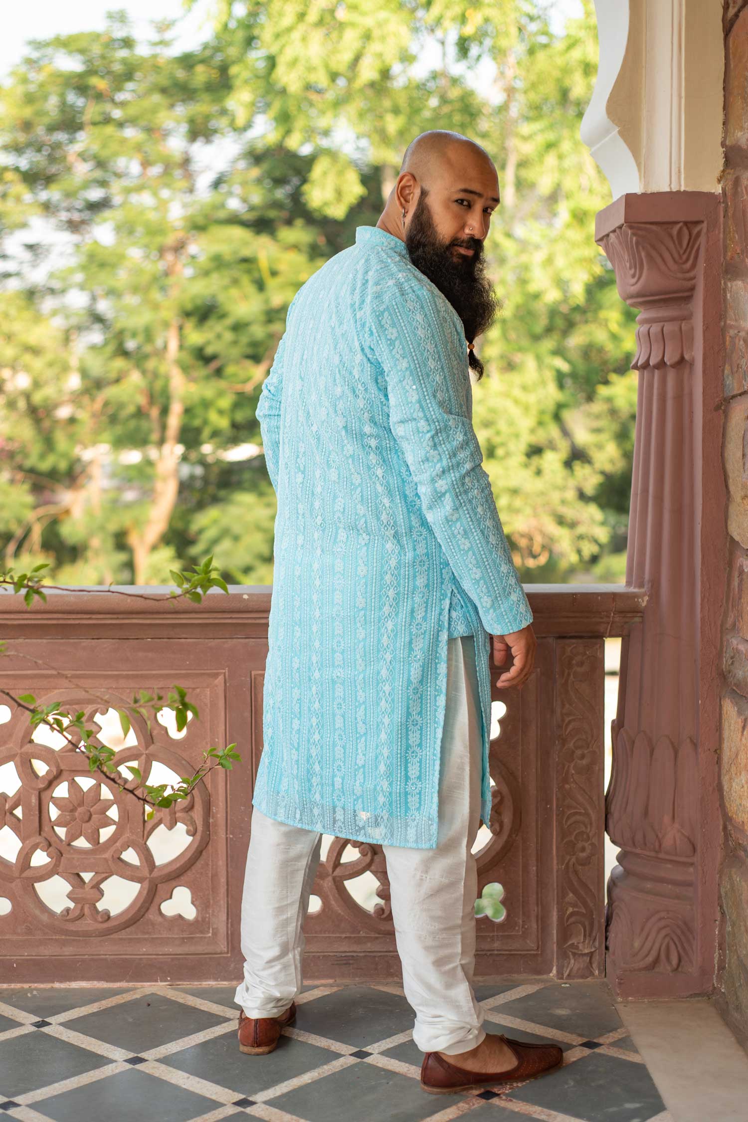 Day Sky-Chikankaari Georgette Mens Kurta