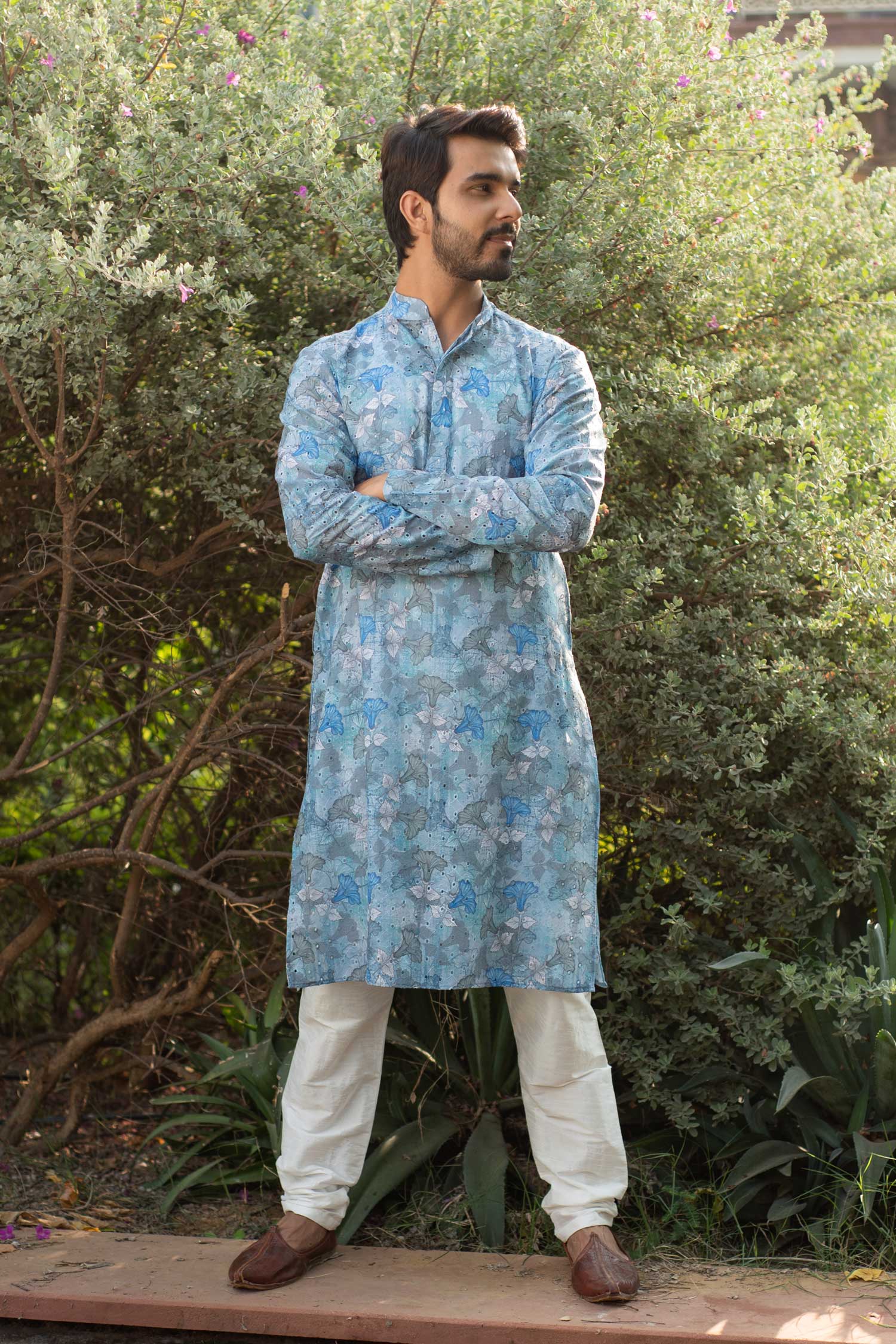 Hibiscus- Blue Floral Schiffli embroidered chikankaari kurta