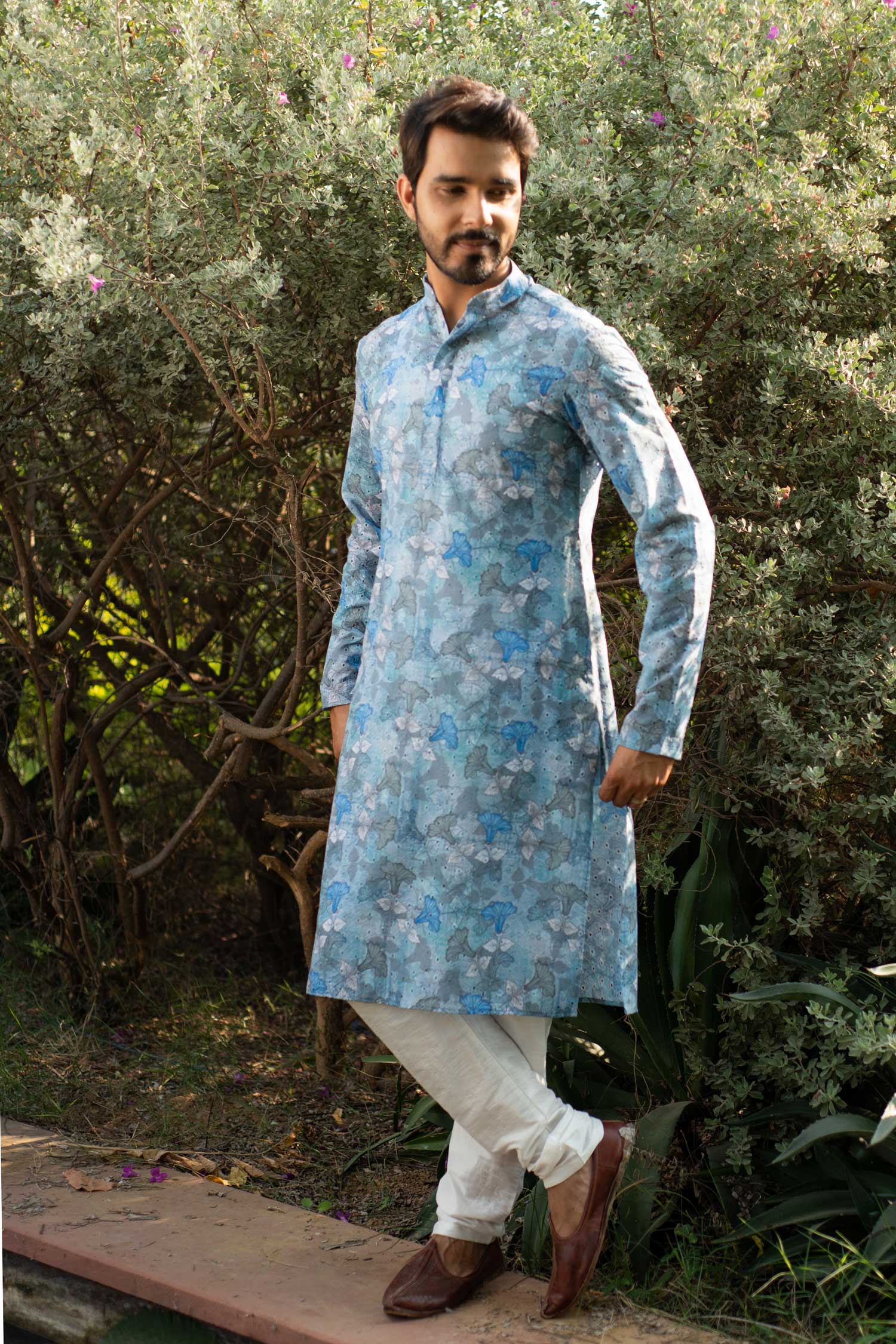 Hibiscus- Blue Floral Schiffli embroidered chikankaari kurta