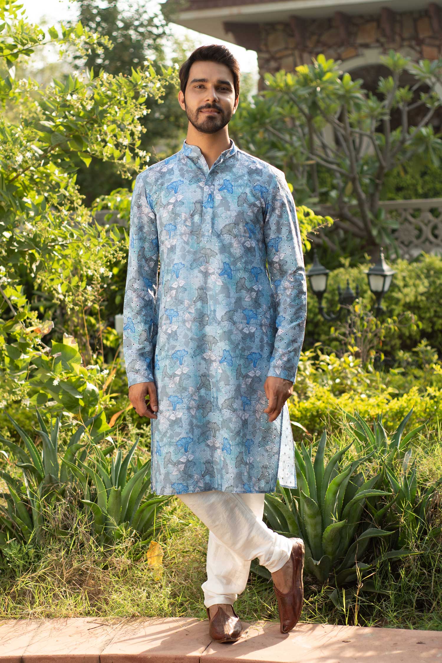 Hibiscus- Blue Floral Schiffli embroidered chikankaari kurta