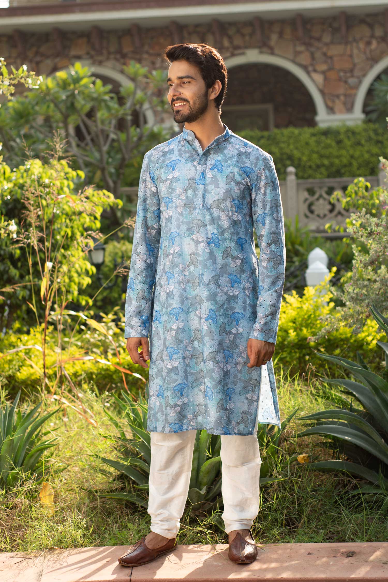 Hibiscus- Blue Floral Schiffli embroidered chikankaari kurta