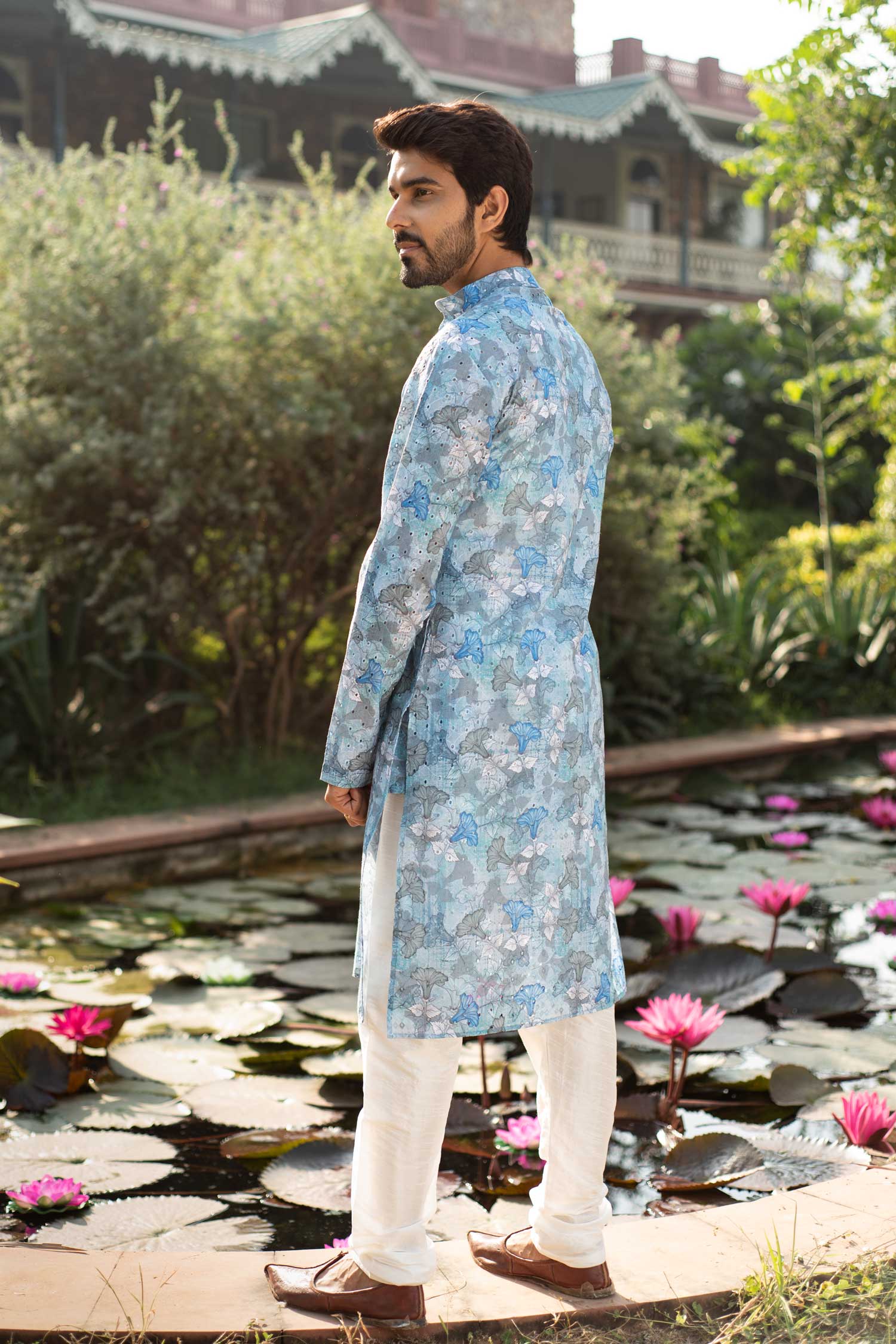 Hibiscus- Blue Floral Schiffli embroidered chikankaari kurta