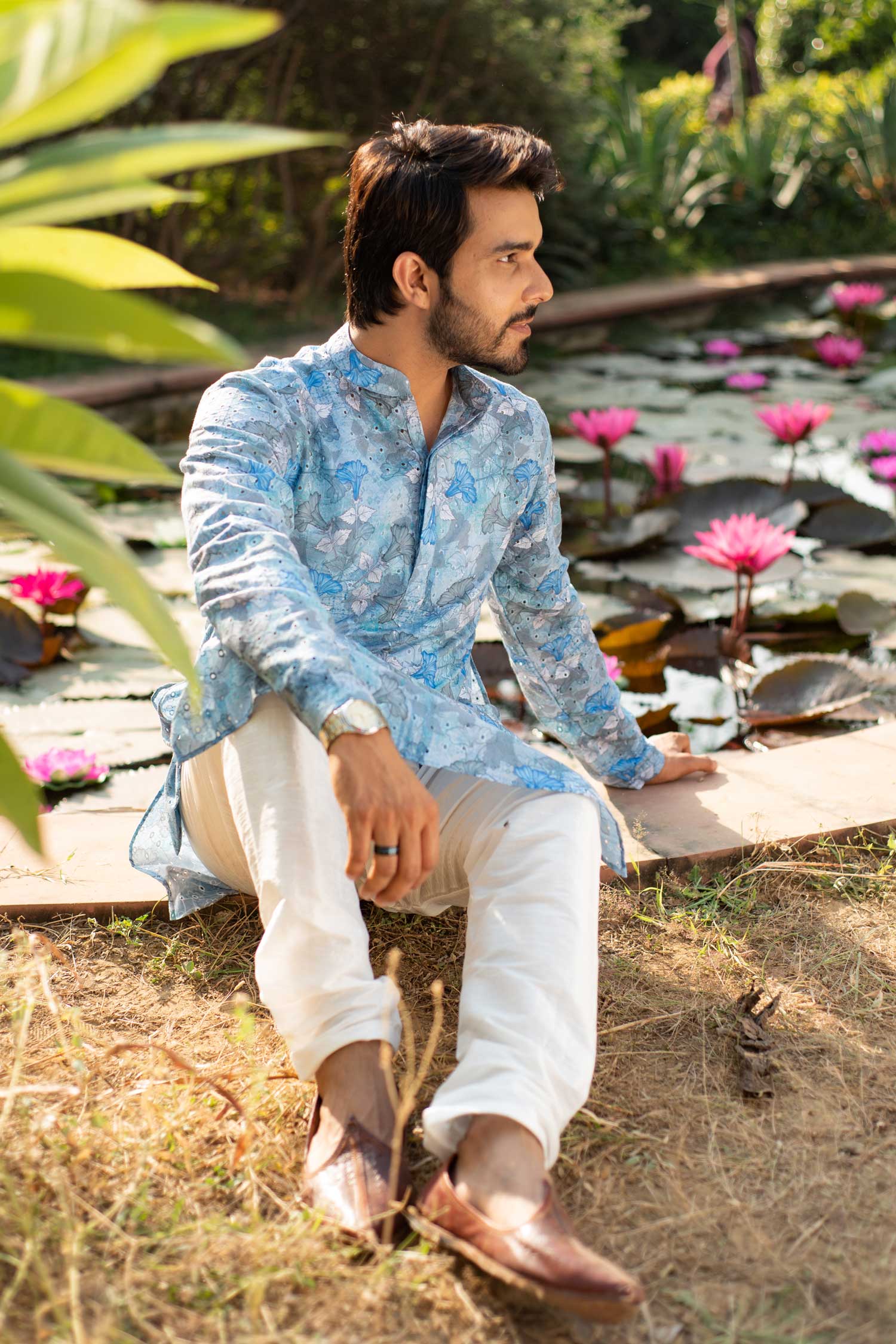 Hibiscus- Blue Floral Schiffli embroidered chikankaari kurta