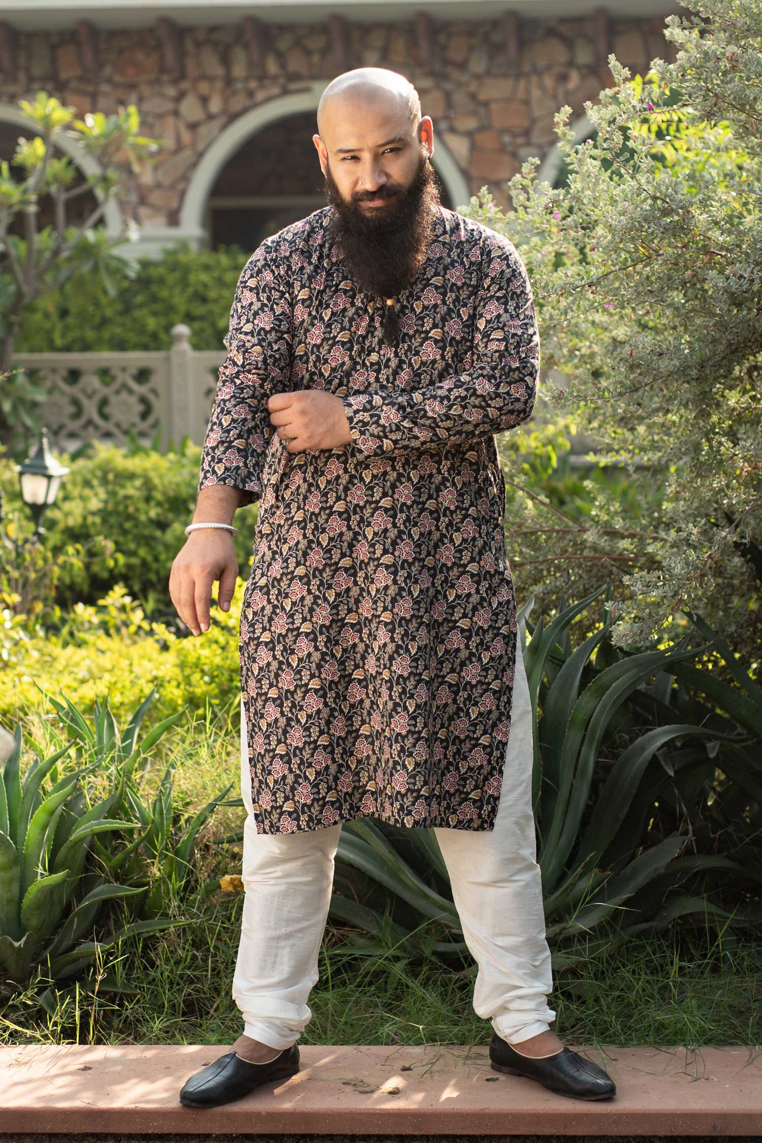 (S, L,4XL) Floral Night - Black and Maroon Floral Printed Cotton Kurta