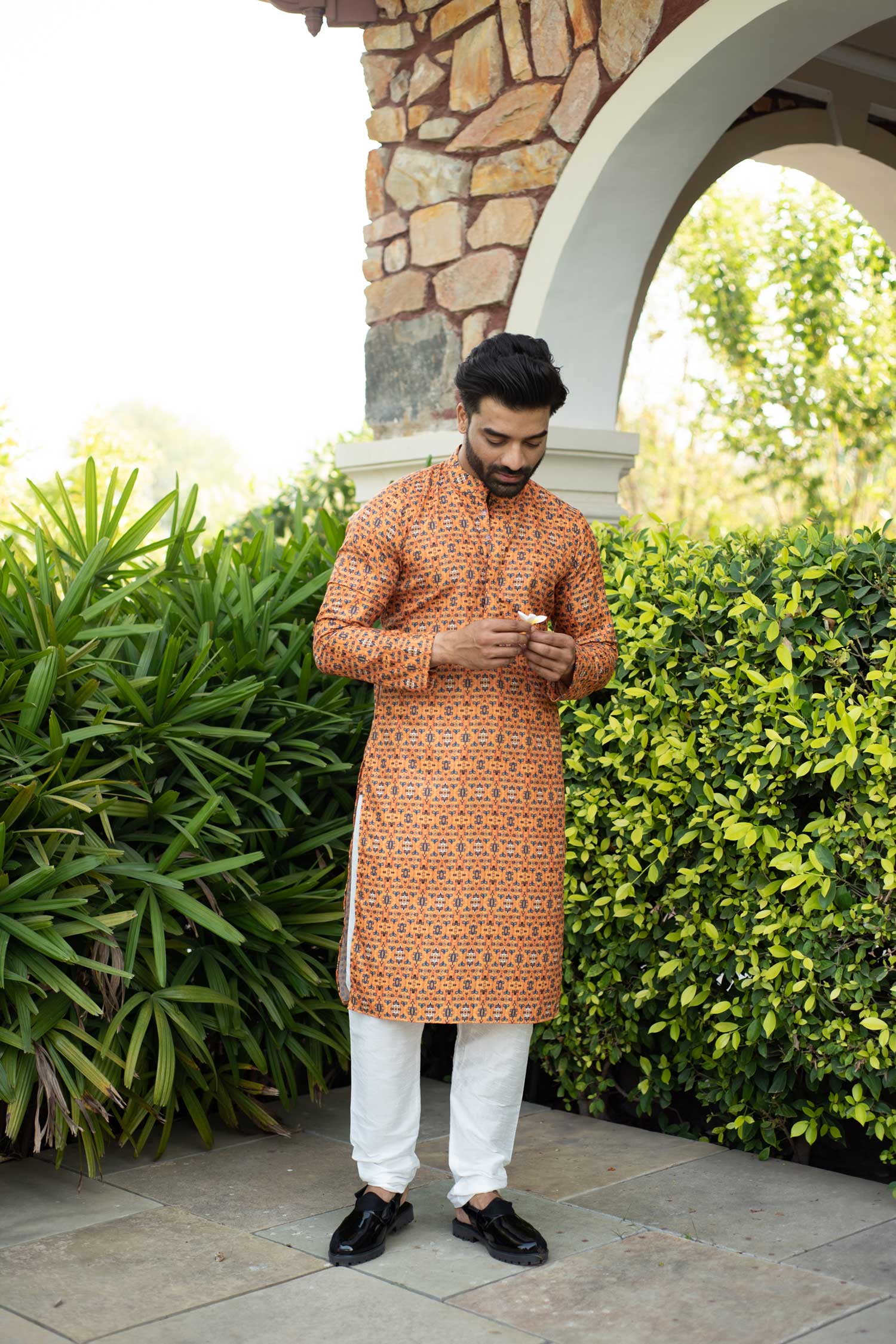 Shaam - Mustard and Blue Printed Silk Blend Kurta