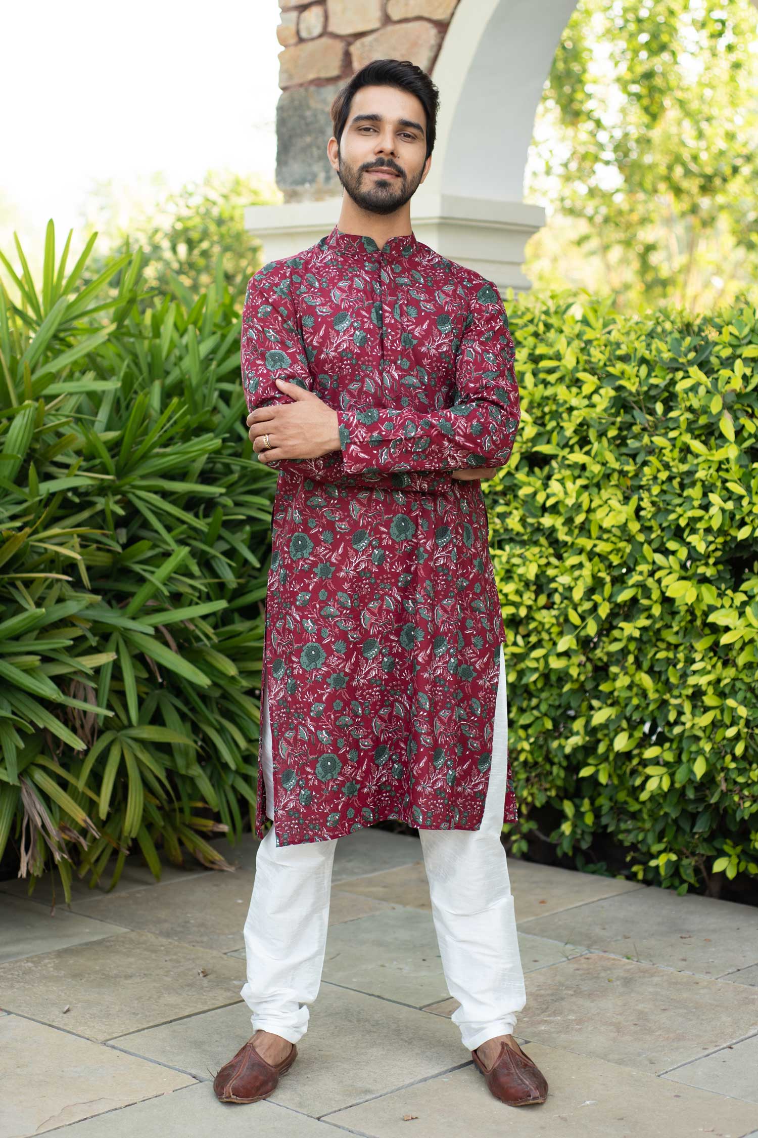 (S, 3XL,4XL) Ruby Grey - Maroon Floral Printed Cotton Kurta