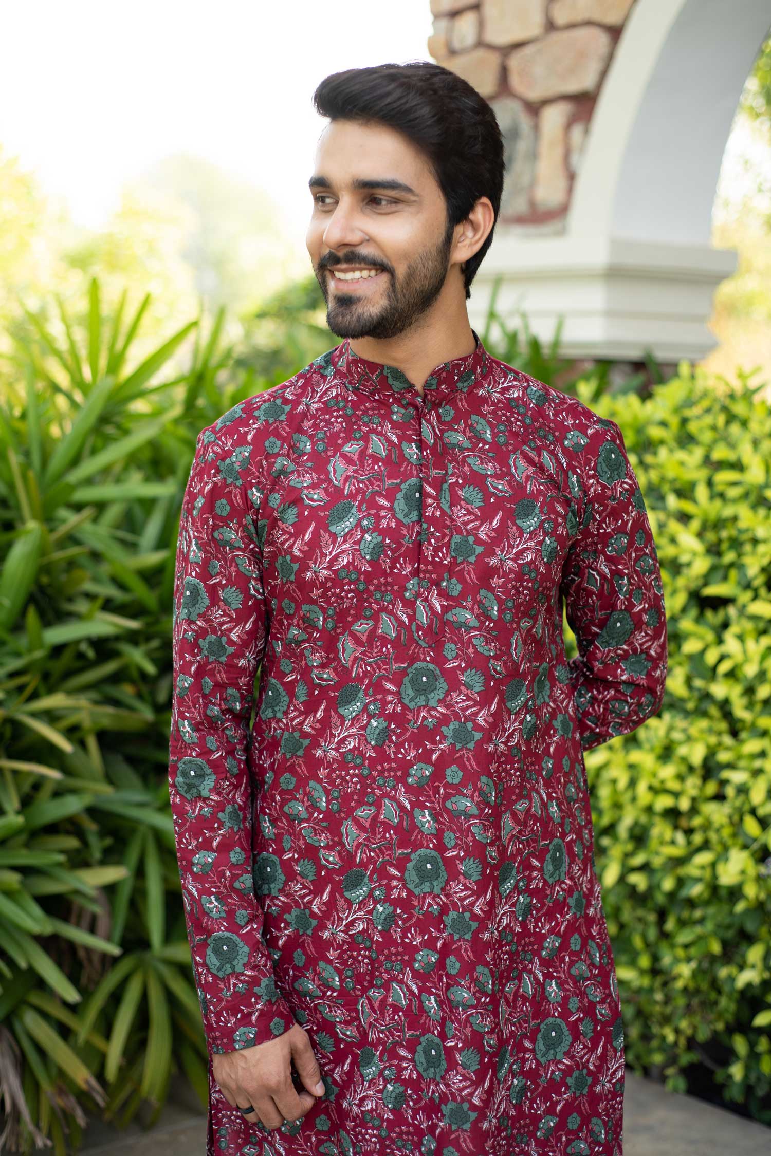 (S, 3XL,4XL) Ruby Grey - Maroon Floral Printed Cotton Kurta
