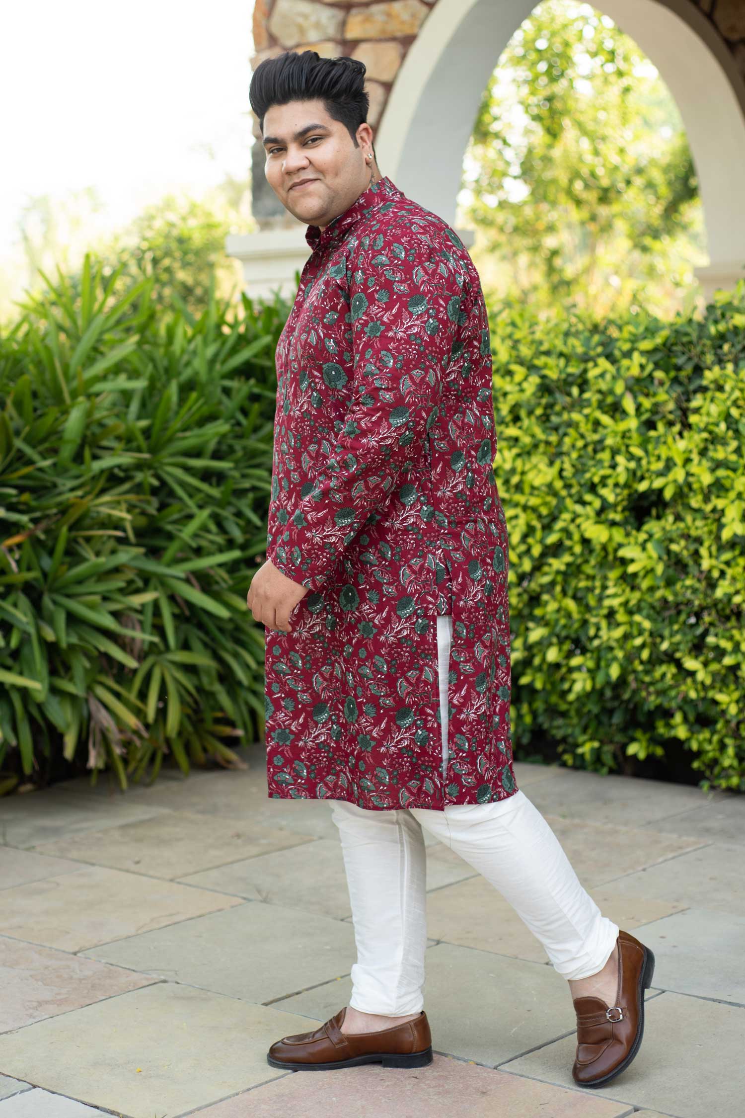 (S, 3XL,4XL) Ruby Grey - Maroon Floral Printed Cotton Kurta