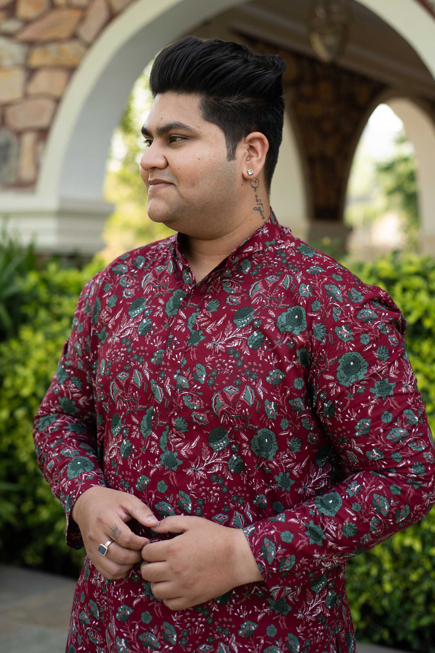 (S, 3XL,4XL) Ruby Grey - Maroon Floral Printed Cotton Kurta