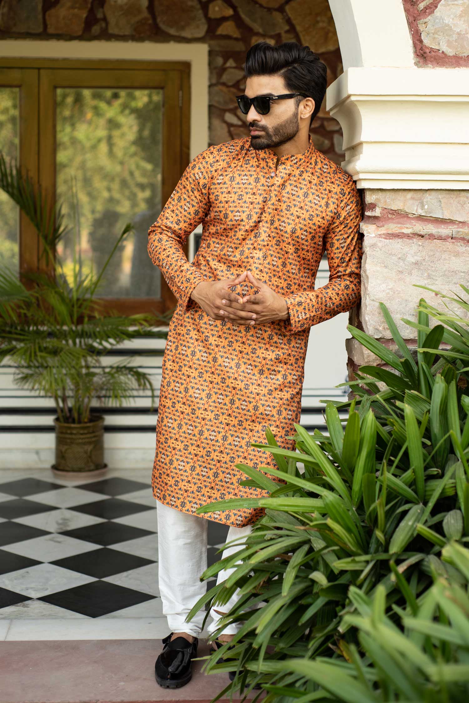 Shaam - Mustard and Blue Printed Silk Blend Kurta