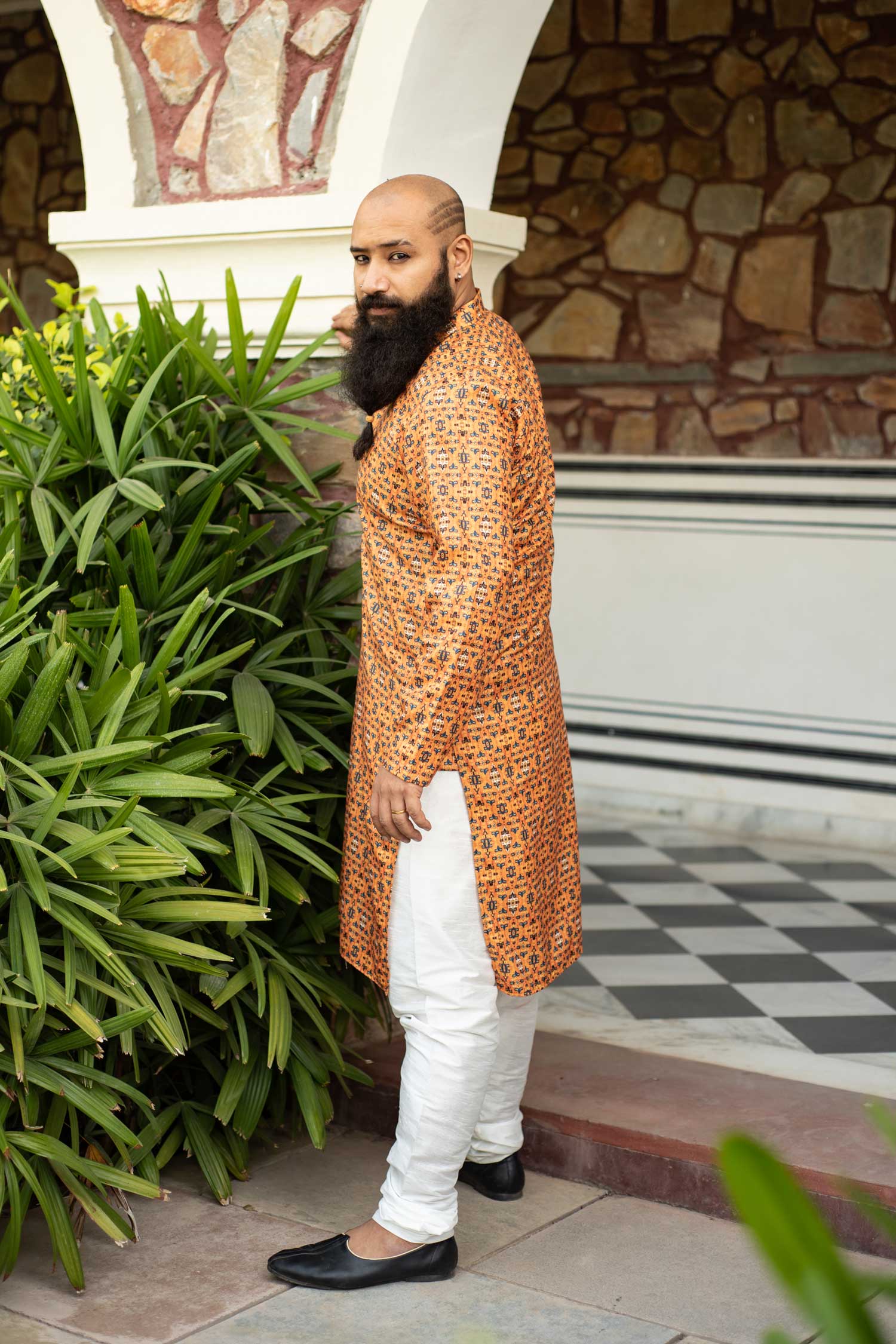 Shaam - Mustard and Blue Printed Silk Blend Kurta