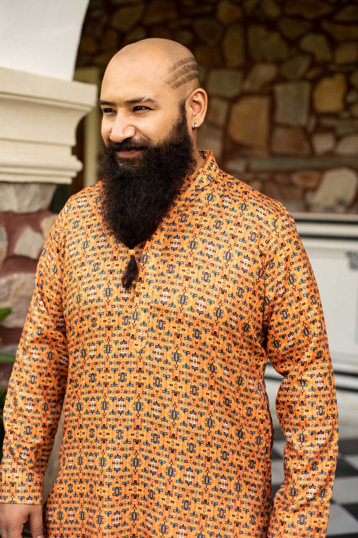 Shaam - Mustard and Blue Printed Silk Blend Kurta