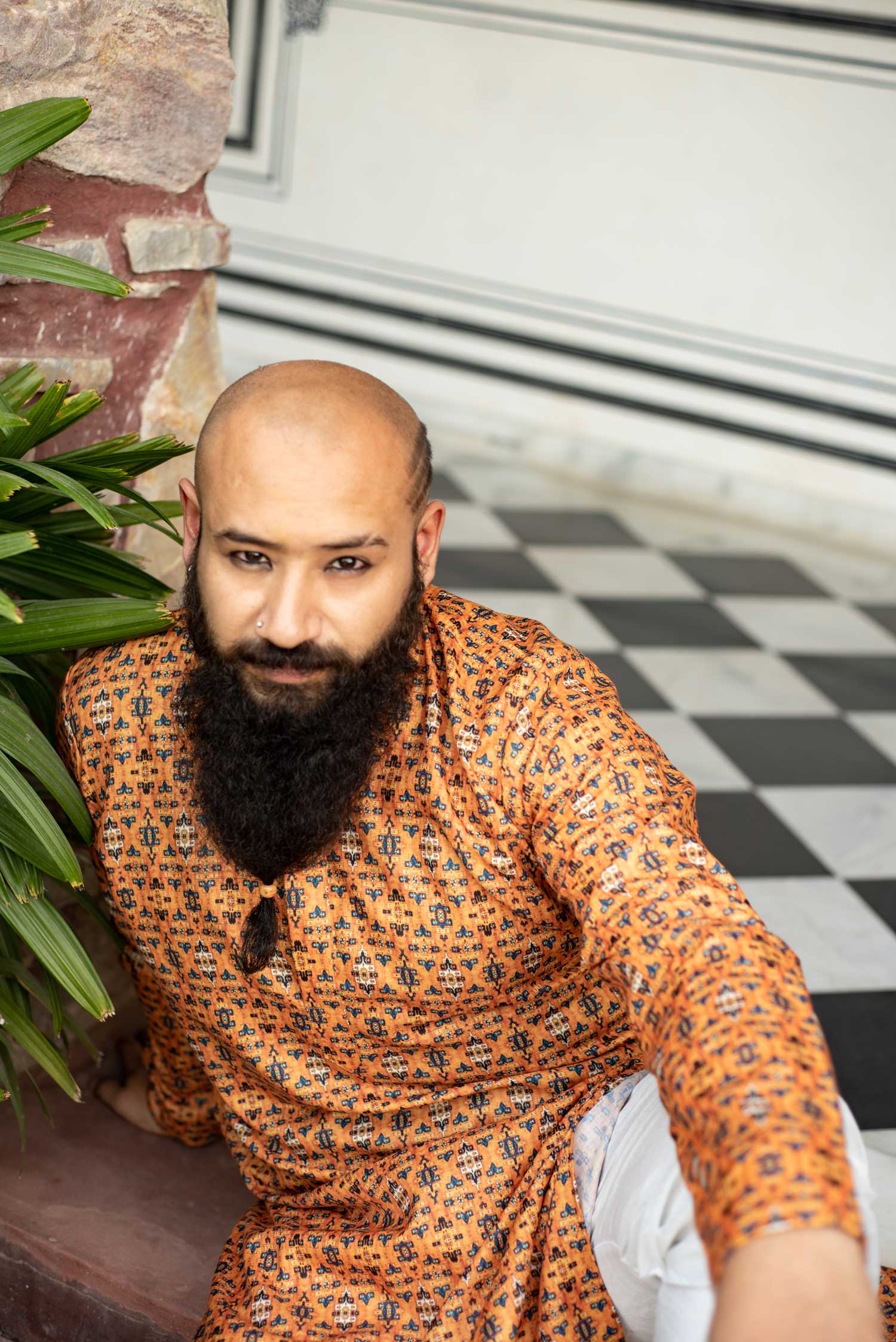 Shaam - Mustard and Blue Printed Silk Blend Kurta
