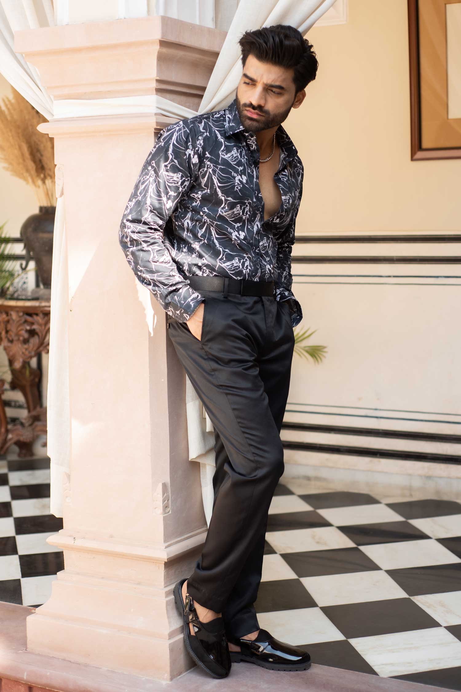 Echo - Black Abstract Printed Giza Cotton Shirt