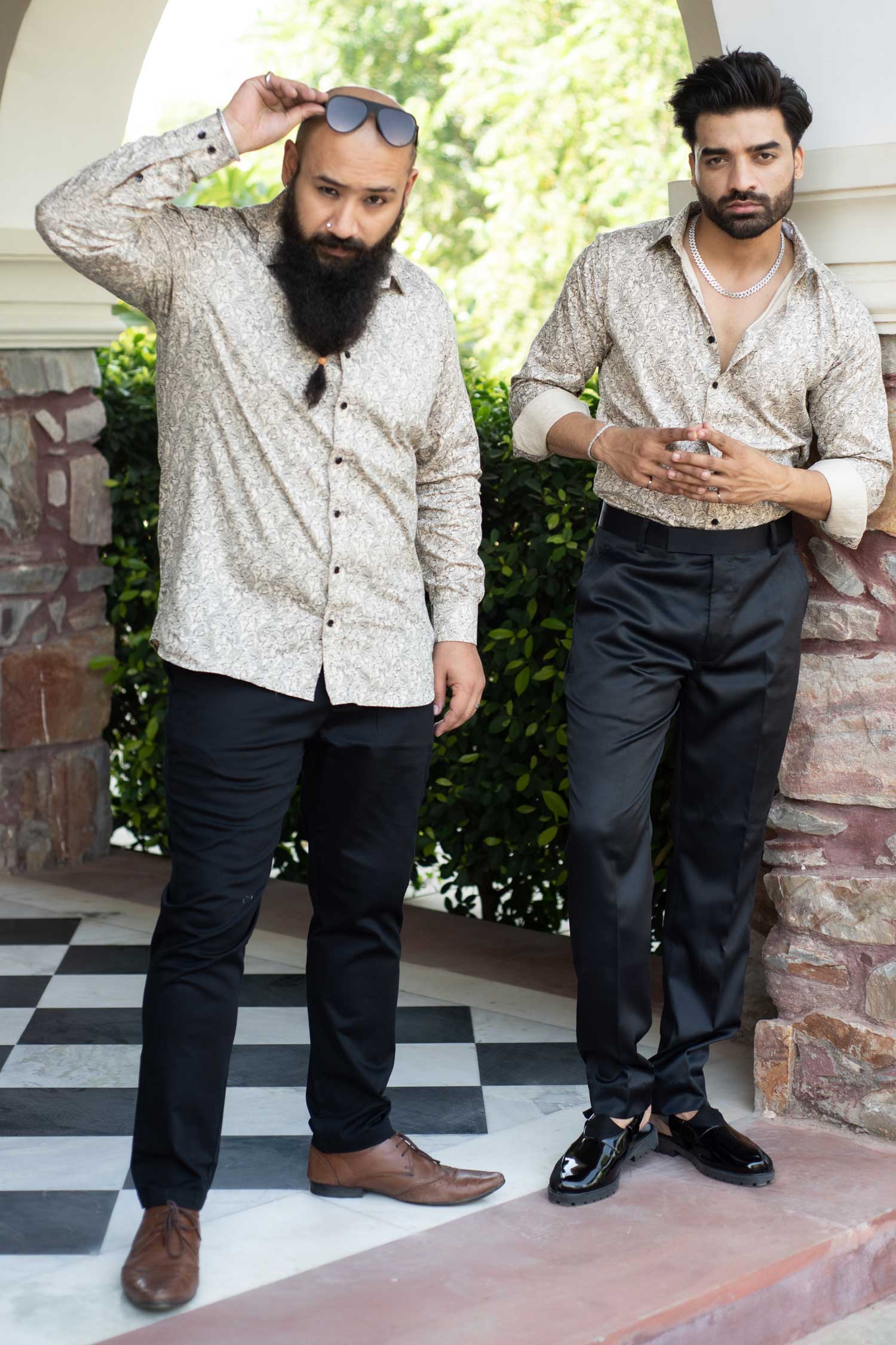 Cork Beige - Beige and Black Printed Giza Cotton Shirt