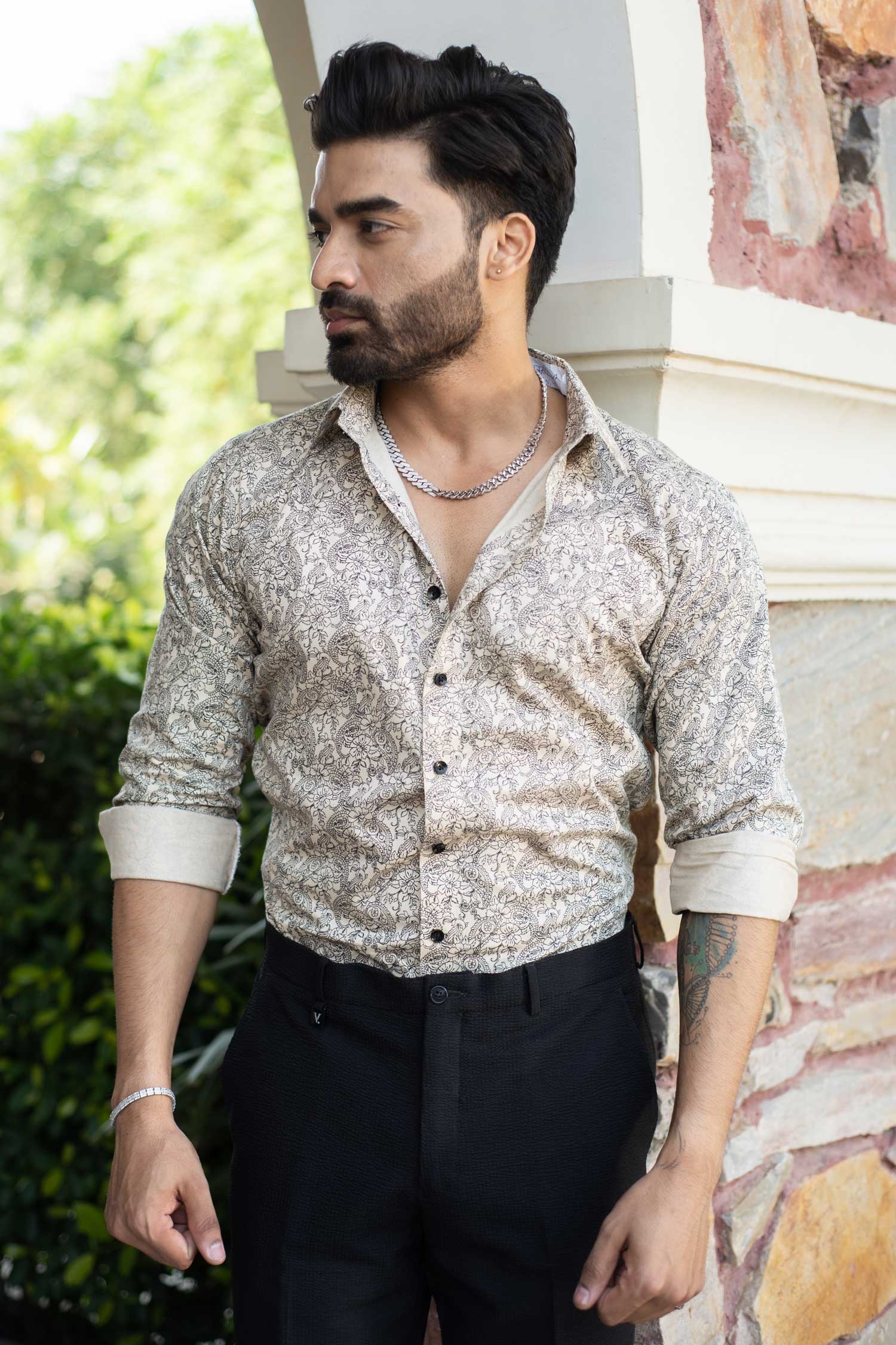 Cork Beige - Beige and Black Printed Giza Cotton Shirt